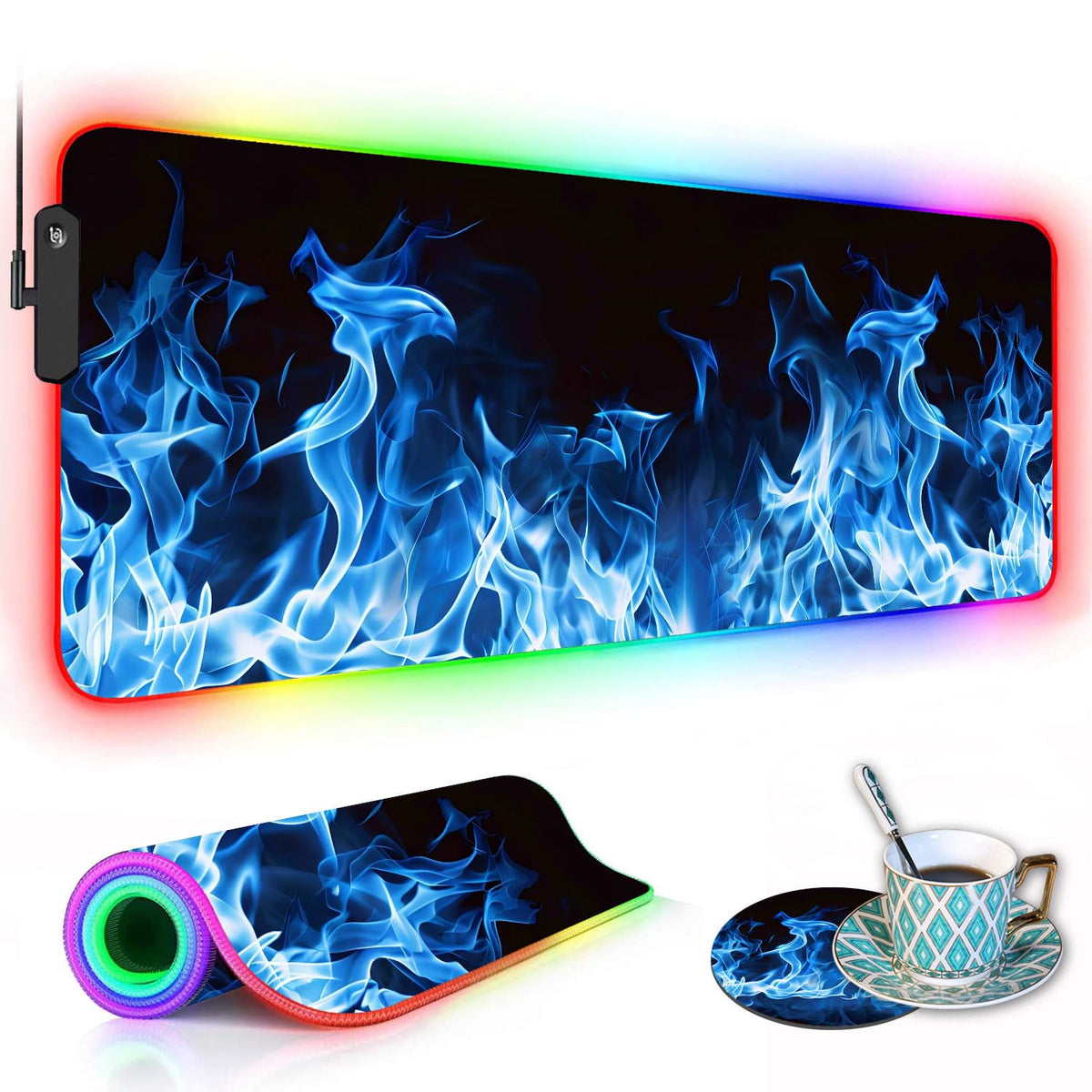 RGB Gaming Mouse Pad with Coffee Coaster, XXL Large Glowing LED Mousepad, Anti-Slip Rubber Base