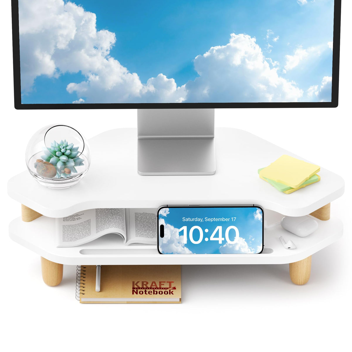 AFOOYO Monitor Stand Riser,2 Tier Corner Wood Sturdy 16.5In Computer Stand, Multi-Purpose Desktop