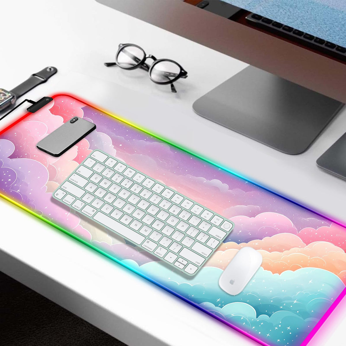 JIANG100 RGB Dreamy Colorful Cloud Star Gaming Desk Mat, XL Mouse Pad, Pink