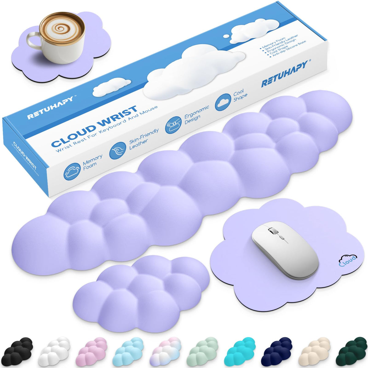 Retuhapy Cloud Wrist Rest Keyboard Cushion and Cloud Mouse Pad, Purple