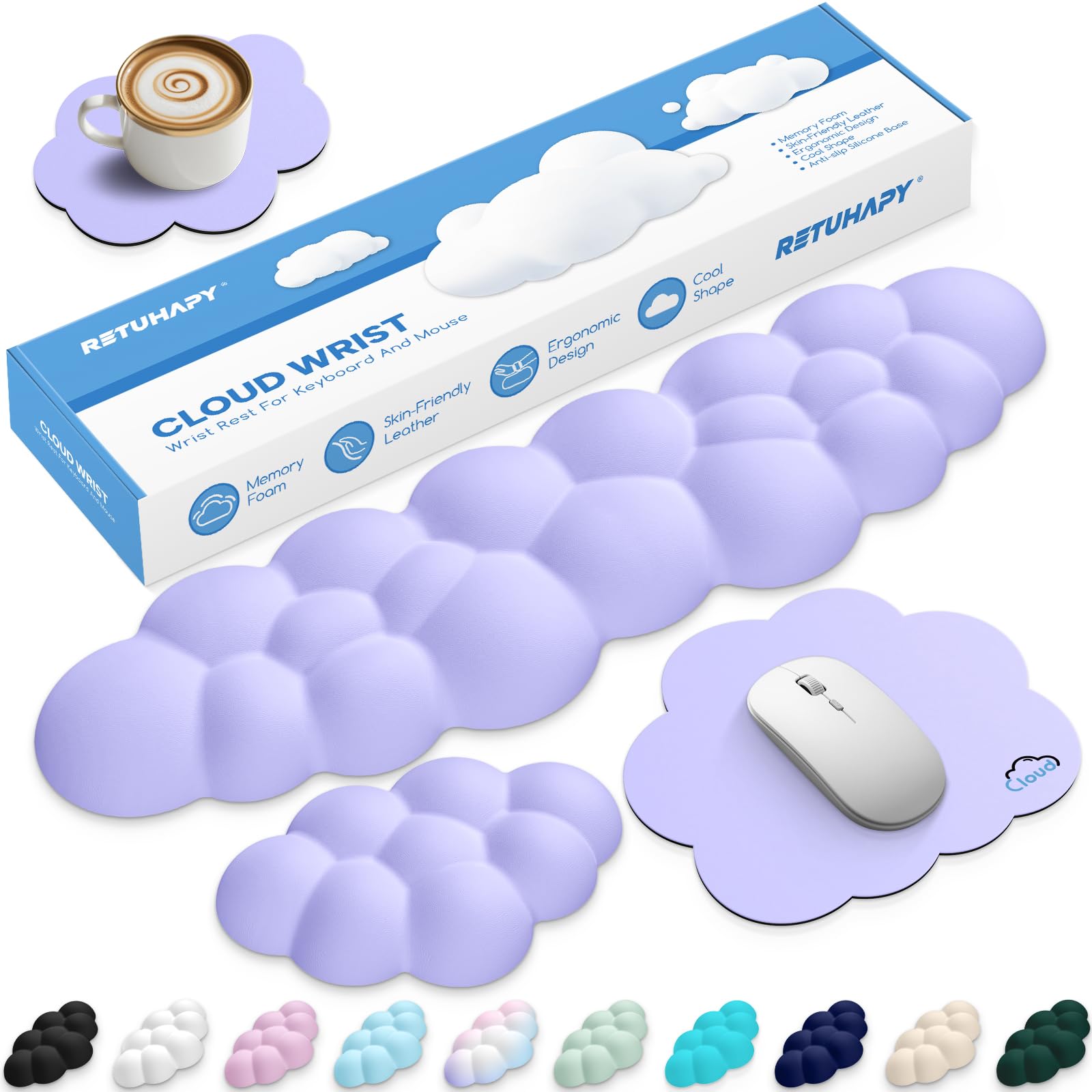 Retuhapy Cloud Wrist Rest Keyboard Cushion and Cloud Mouse Pad, Purple