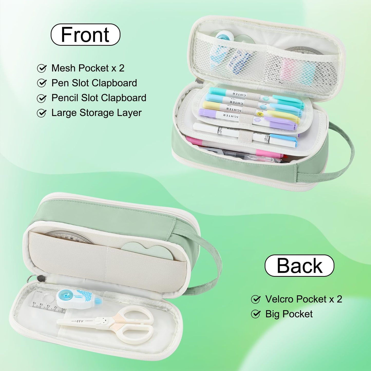 Large Pencil Case for Girls Teens Organizer Pencil Bag with Zipper Green