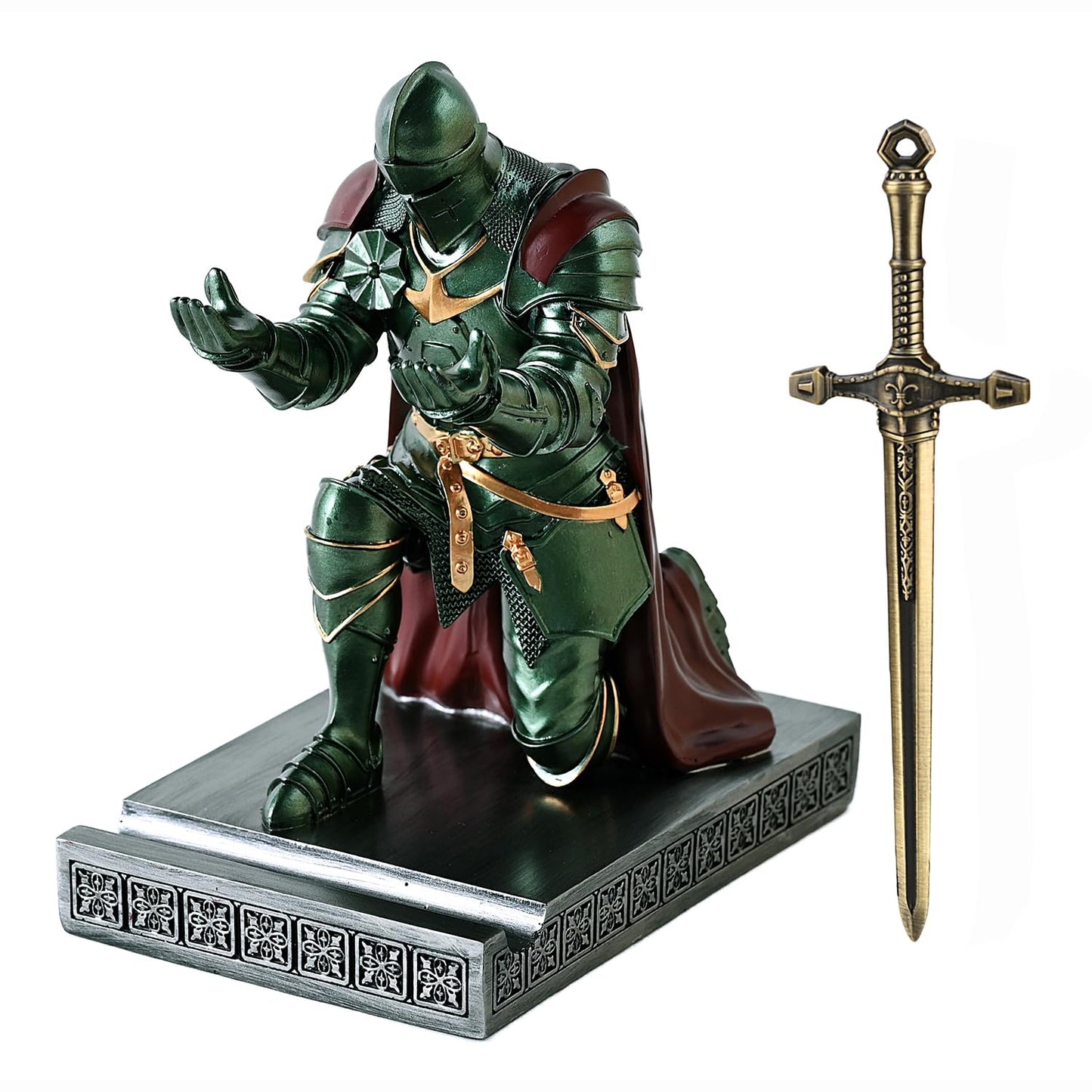 Medieval Armored Knight Pen Holder Figurine Paperweight Phone Stand Green