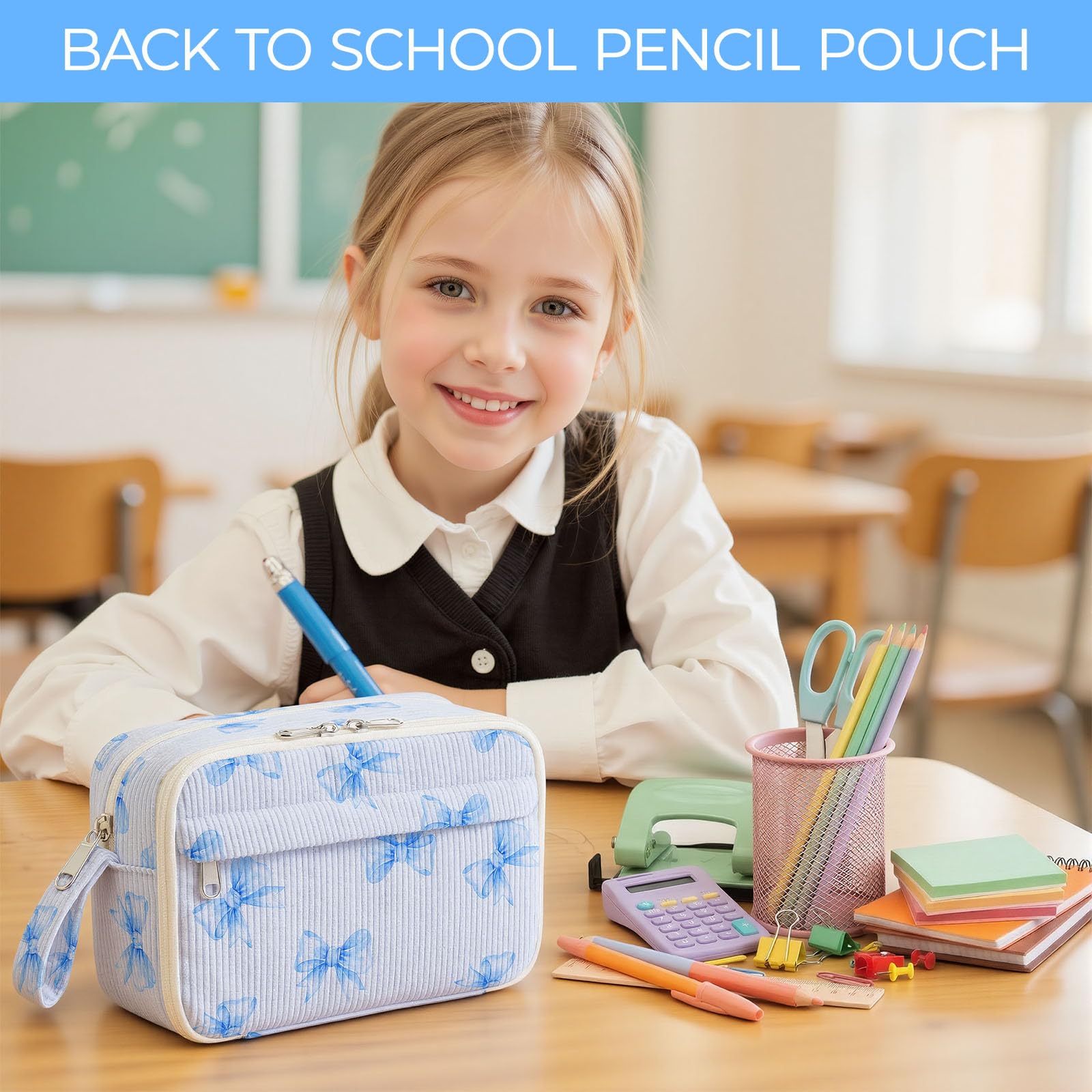 WOBAGMEN Cute Pencil Case,Large Corduroy Zippered Pencil Case Pouch, aesthetic Pencil Bag with