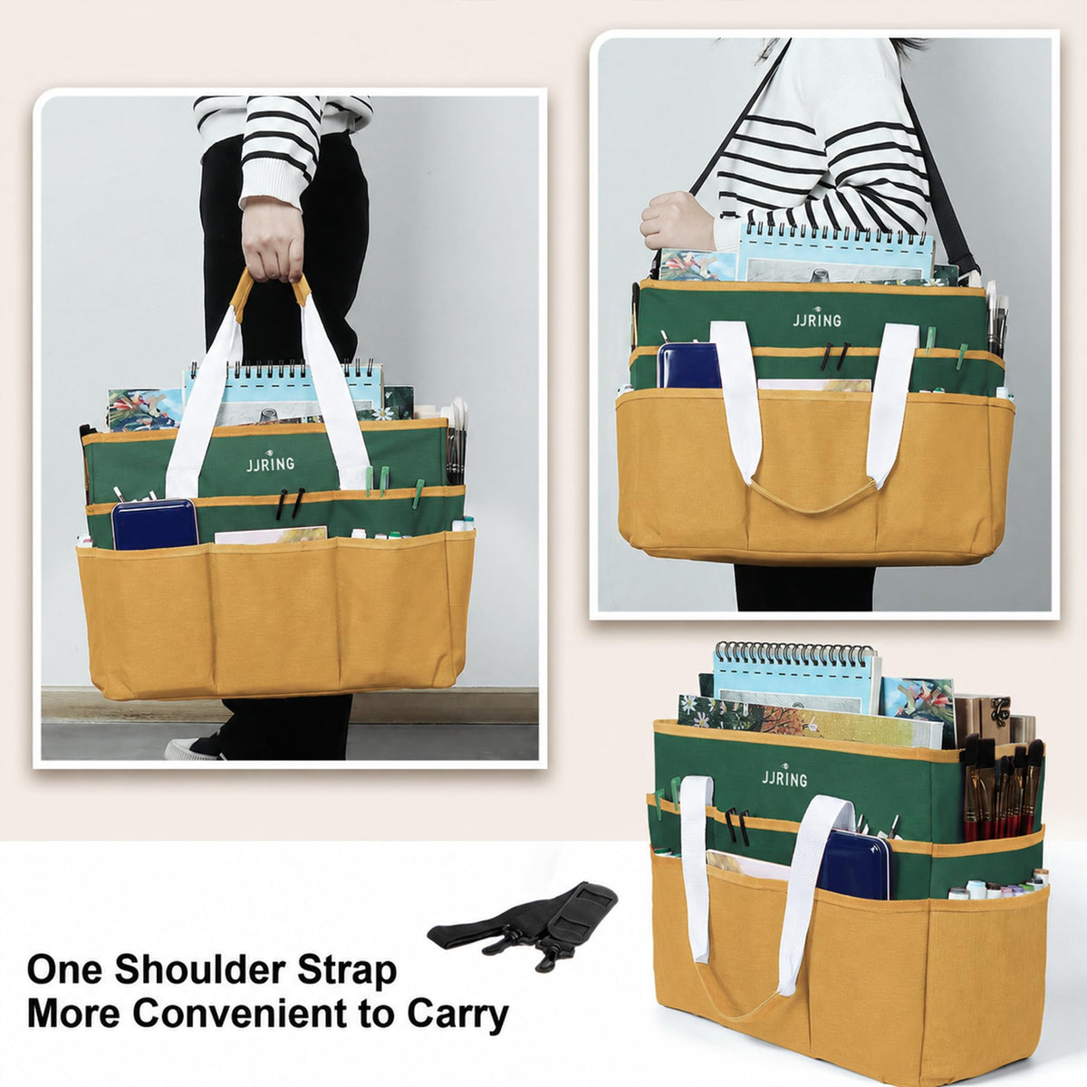 JJRING Craft Organizer Tote Bag Large Art Storage Caddy Deep Green&Yellow
