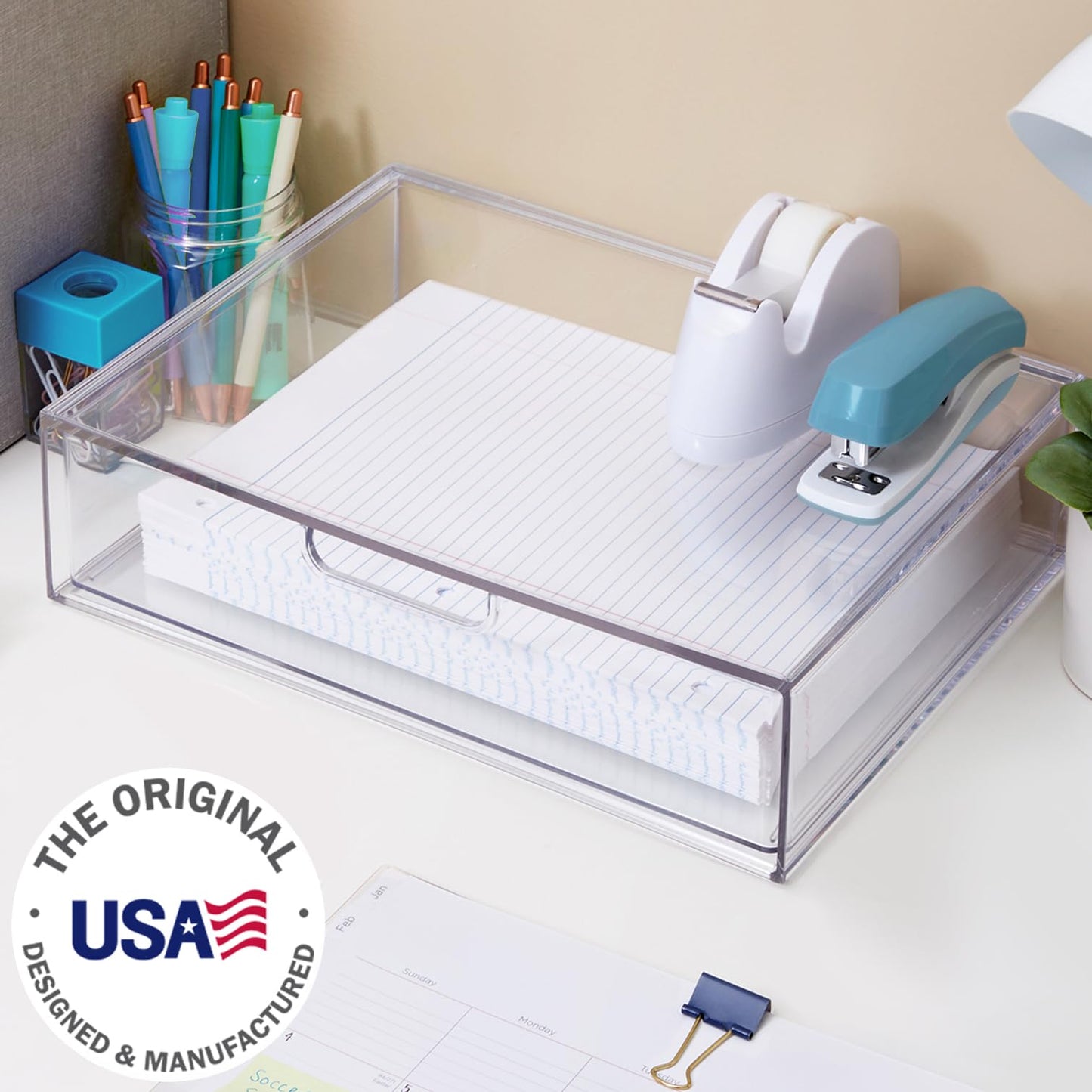 STORi STAX Plastic Stackable Organizer Drawer in Clear | 12.5-inches Wide | Organize Office Desk