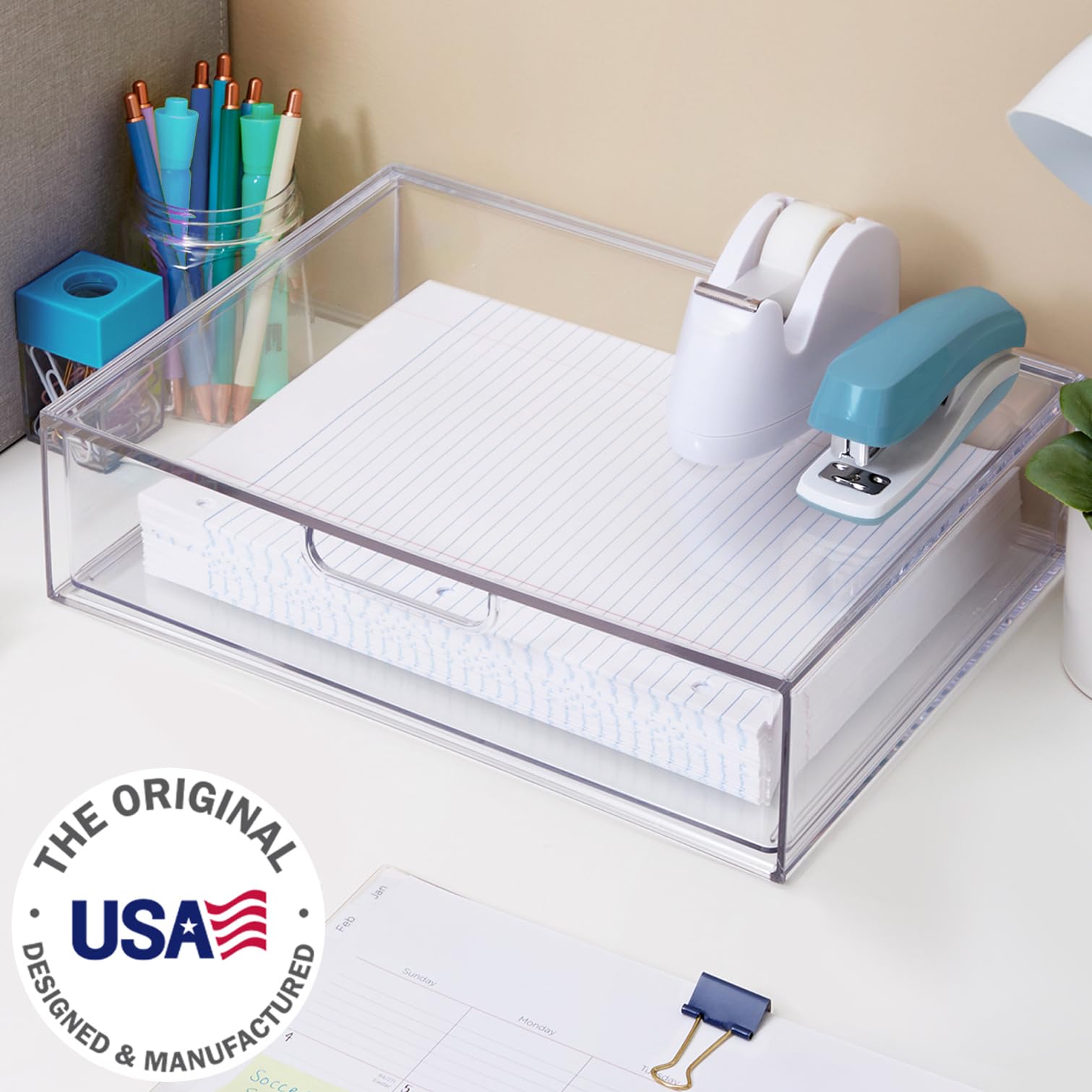 STORi STAX Plastic Stackable Organizer Drawer in Clear | 12.5-inches Wide | Organize Office Desk
