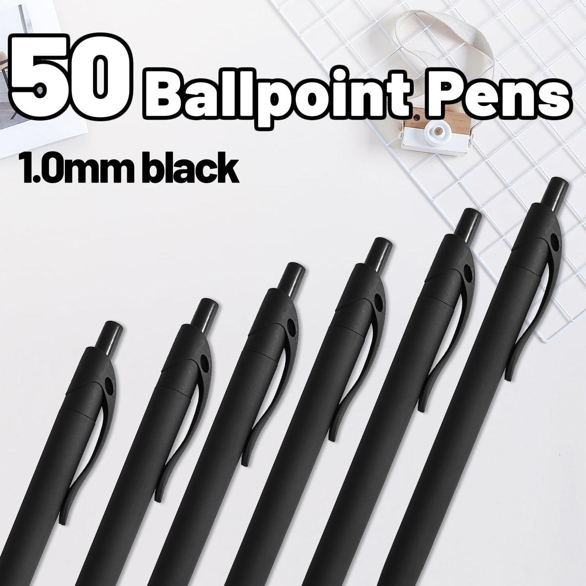 Wiaziert BallPoint Pens, 50 Pack (BLACK Ink),Bulk Pens, Black Barrel,Click Pens for Office Home and