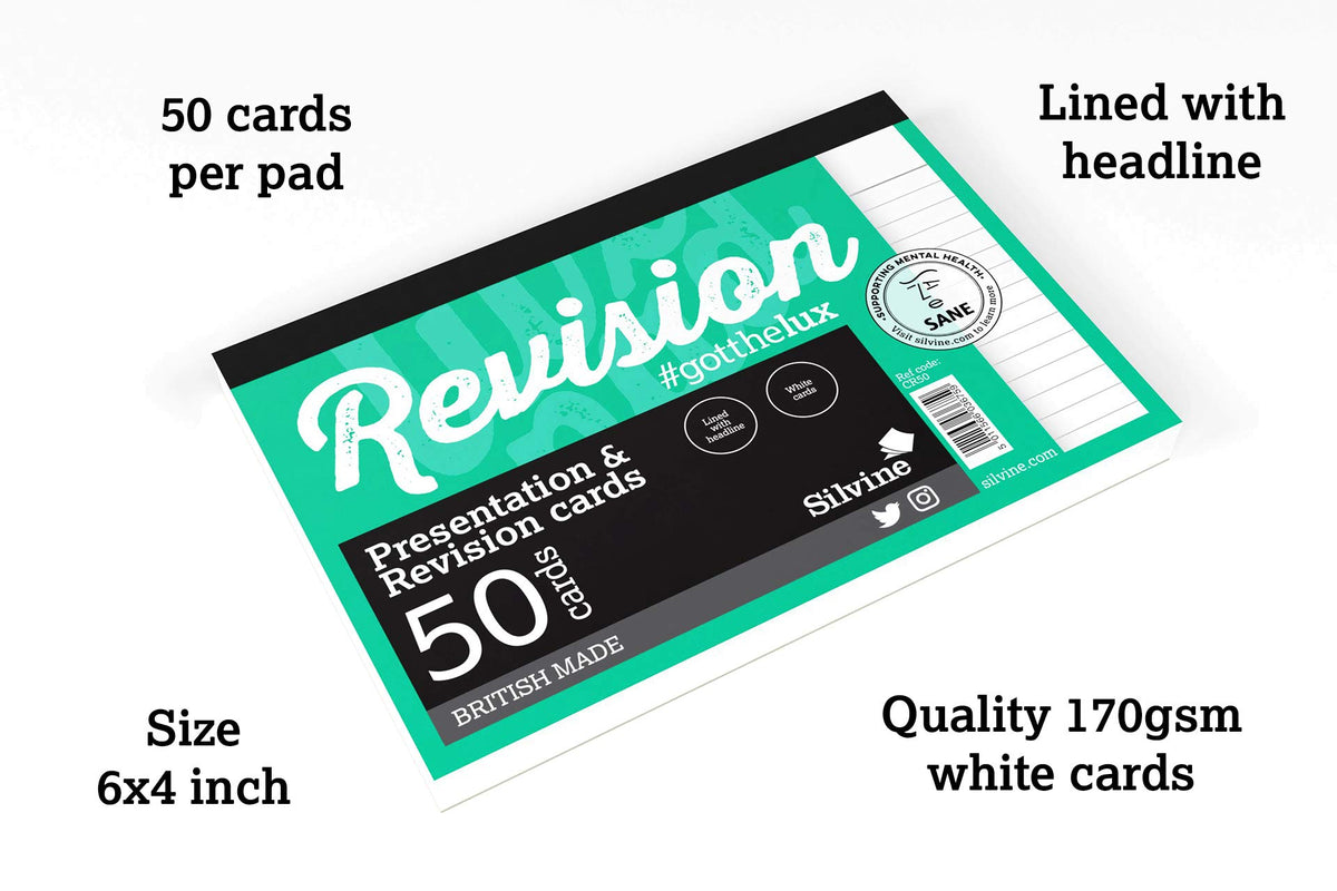 Silvine Luxpad 6x4" Gluebound Revision & Presentation Cards - White. 50 Cards Per Pad, Lined with