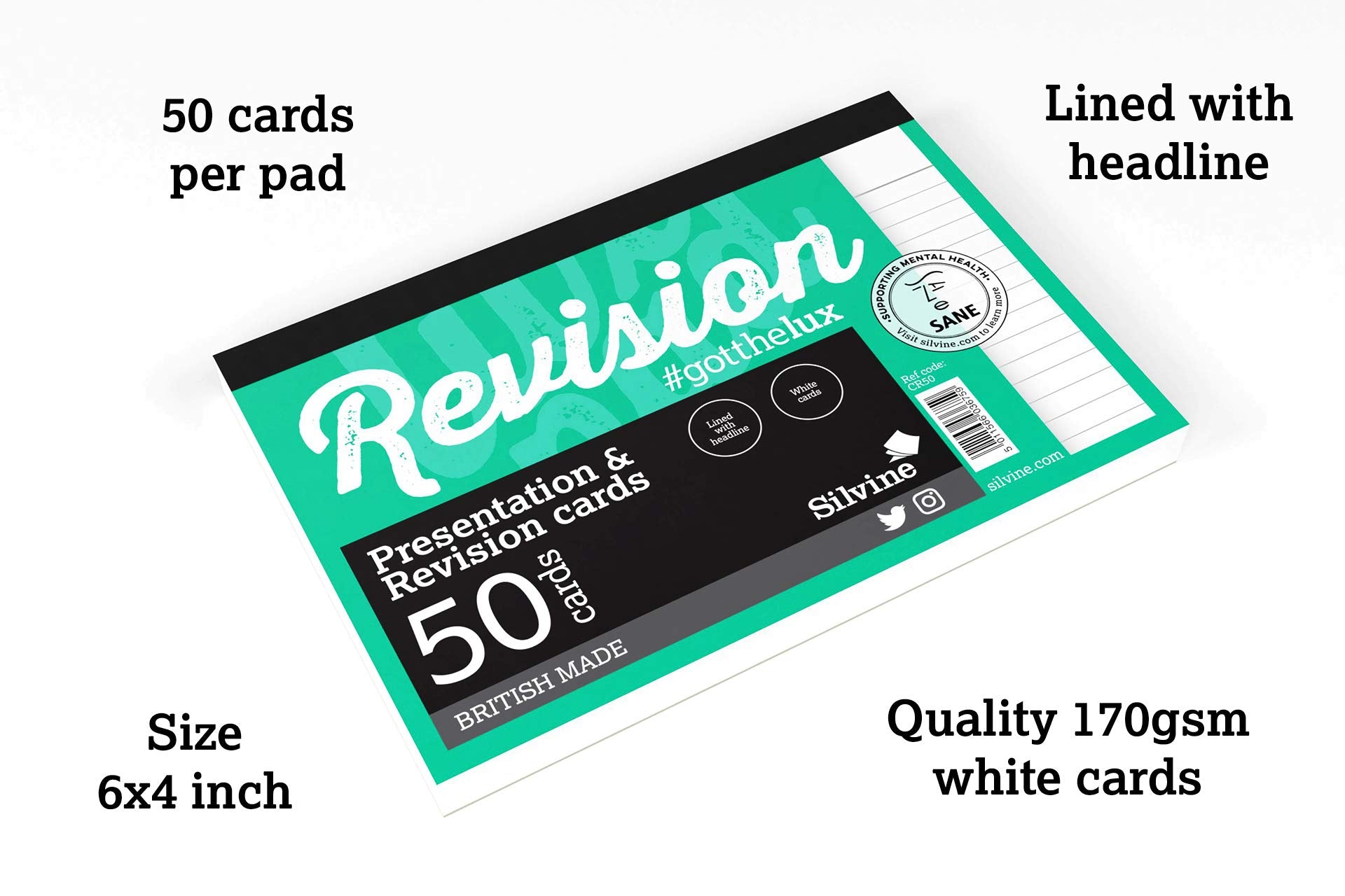Silvine Luxpad 6x4" Gluebound Revision & Presentation Cards - White. 50 Cards Per Pad, Lined with