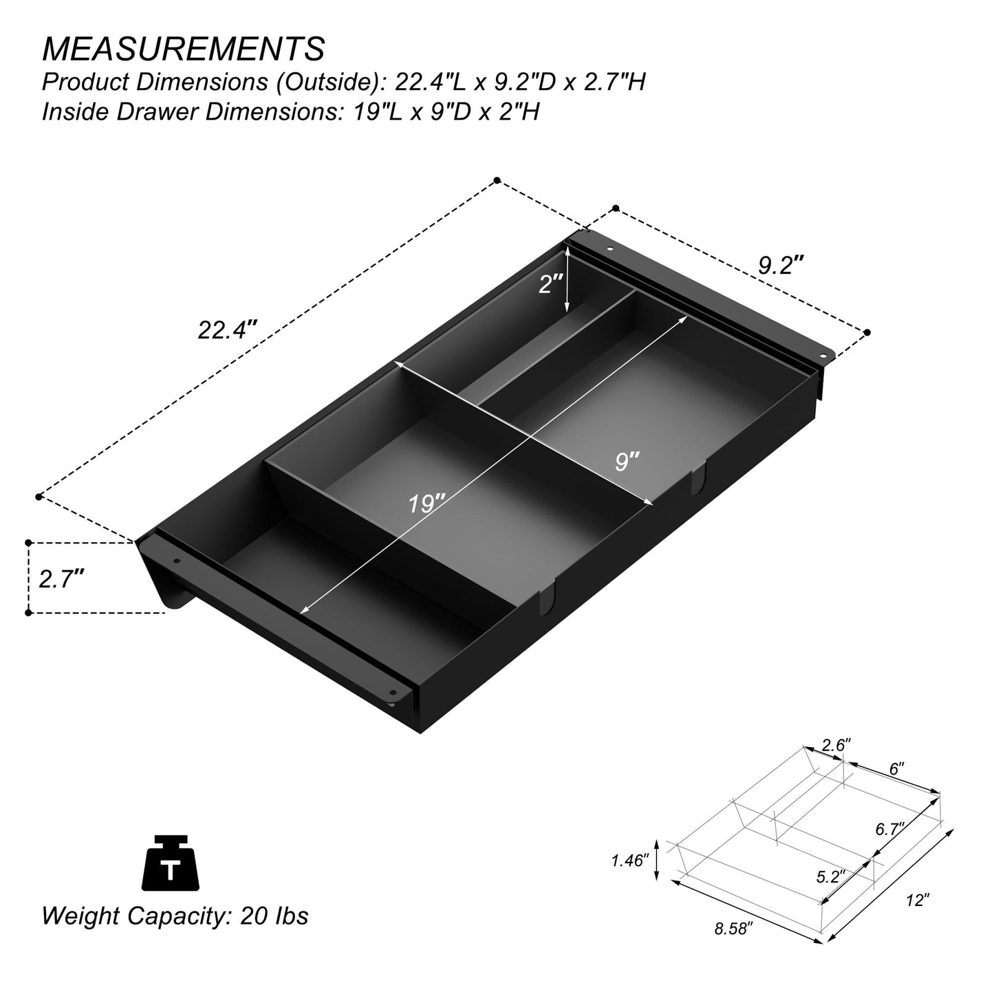 Gaxomo Under Desk Drawer with Removable Tray, 22.4" Wide 2-in-1 Organizer – 60° Ergonomic Tilt