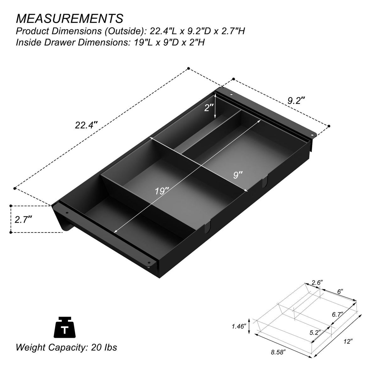 Gaxomo Under Desk Drawer with Removable Tray, 22.4" Wide 2-in-1 Organizer – 60° Ergonomic Tilt