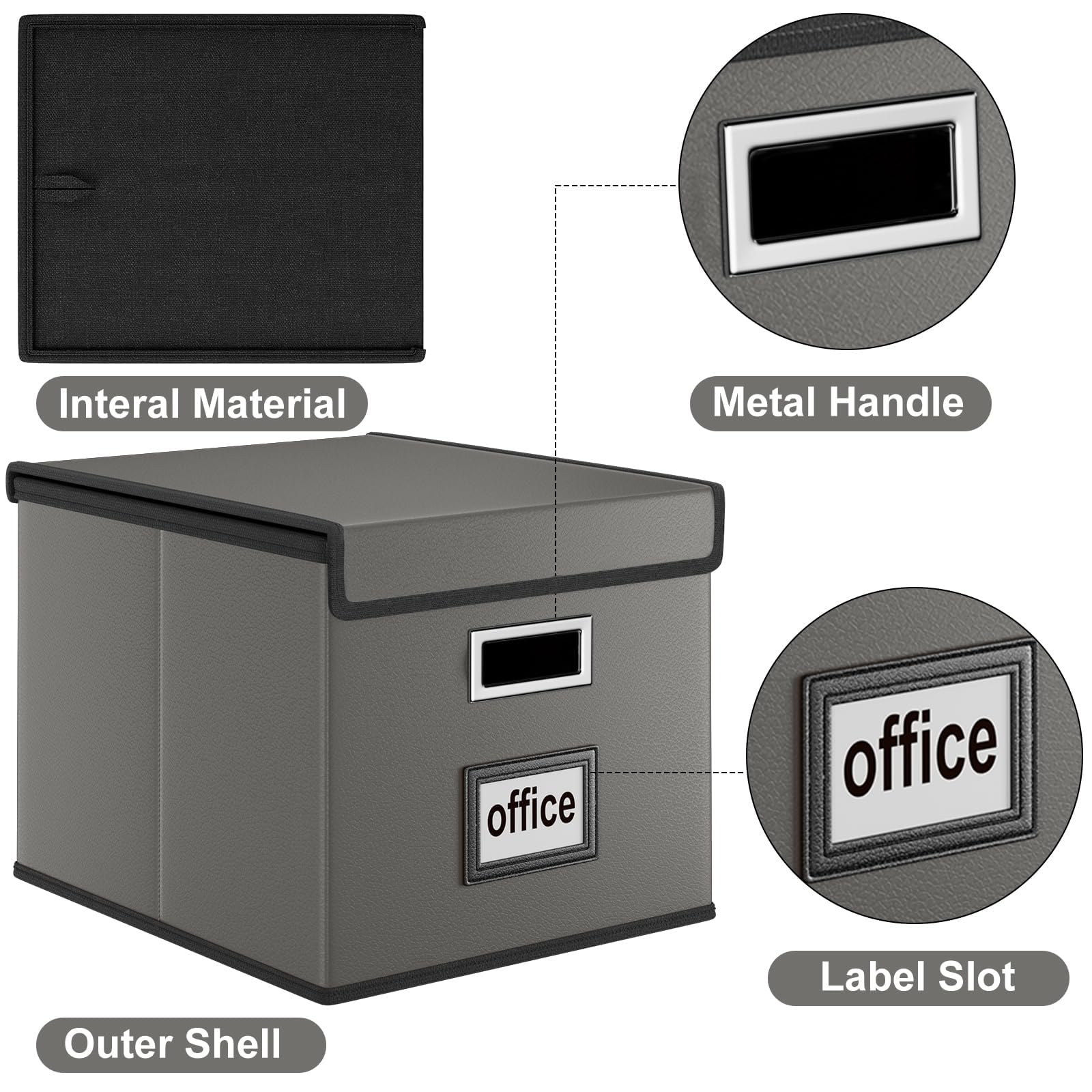 Huolewa Foldable File Organizer Box with Lids (4 Pack, Dark Gray, Leather)