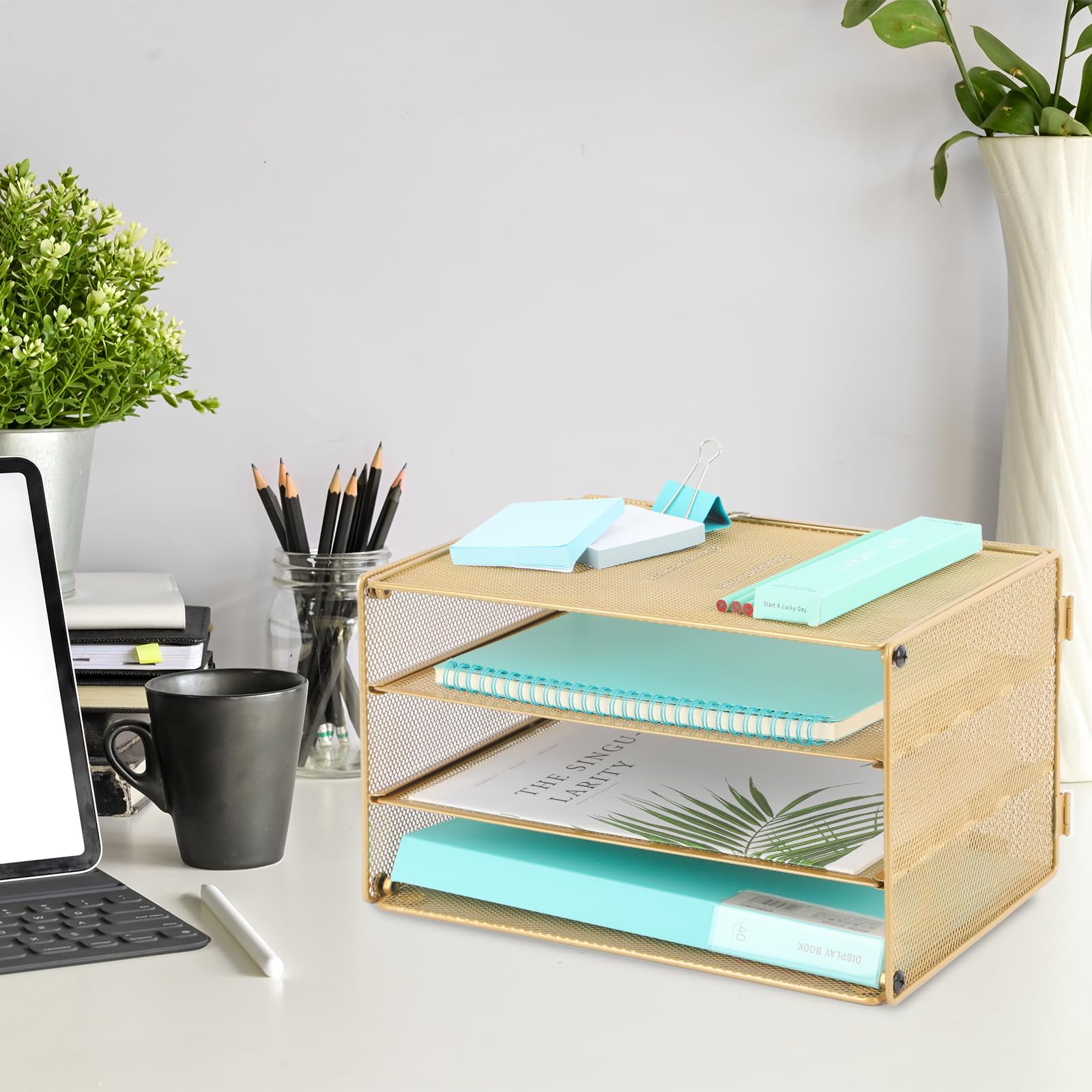 EASEPRES Paper Organizer Tray, 3 Tier Mesh Desk File Organizer Letter Sorter Holder for Home