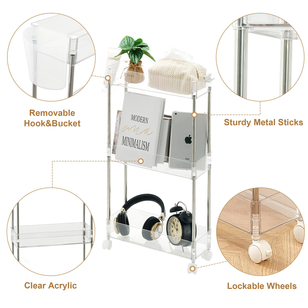 VECELO 3-Tier Acrylic Rolling Cart, Utility Cart for Kitchen Storage, Mobile Shelves Slide-Out
