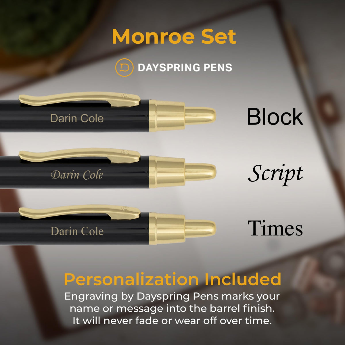 Dayspring Pens Monroe Personalized Pen and Pencil, Black Lacquer, Gold Trim