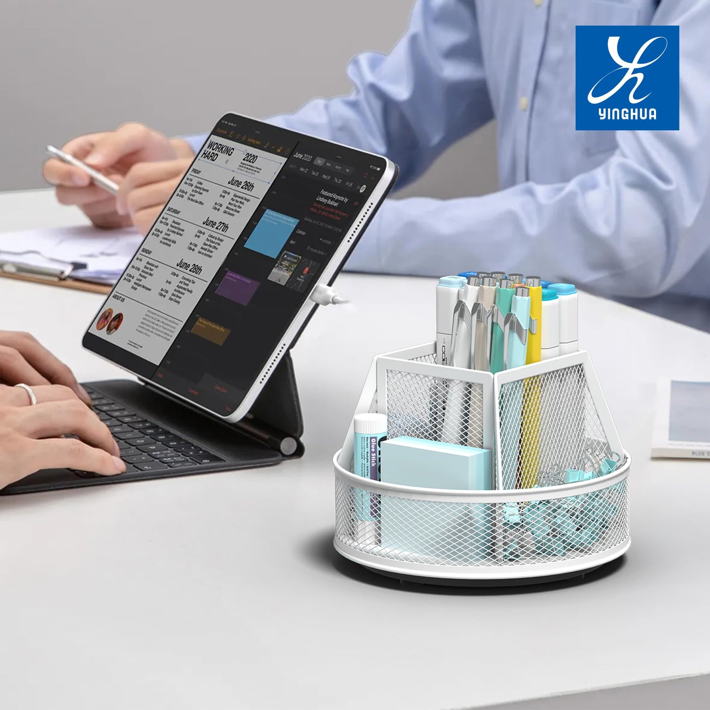 YINGHUA 360°Rotating Mesh Desk Organizer & Pen Holder - White
