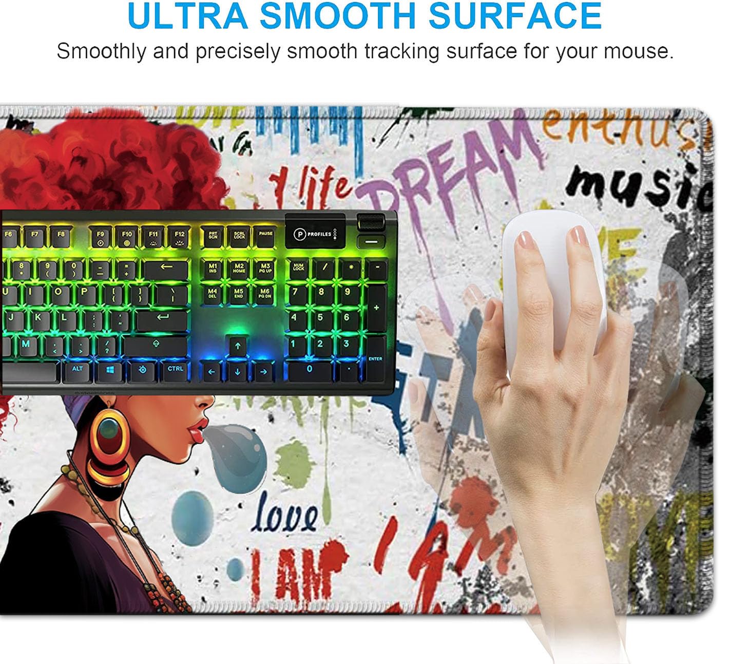 African Black Woman Graffiti Girls Desk Mat, Extended White Laptop Table Protector, Ergonomic Mouse