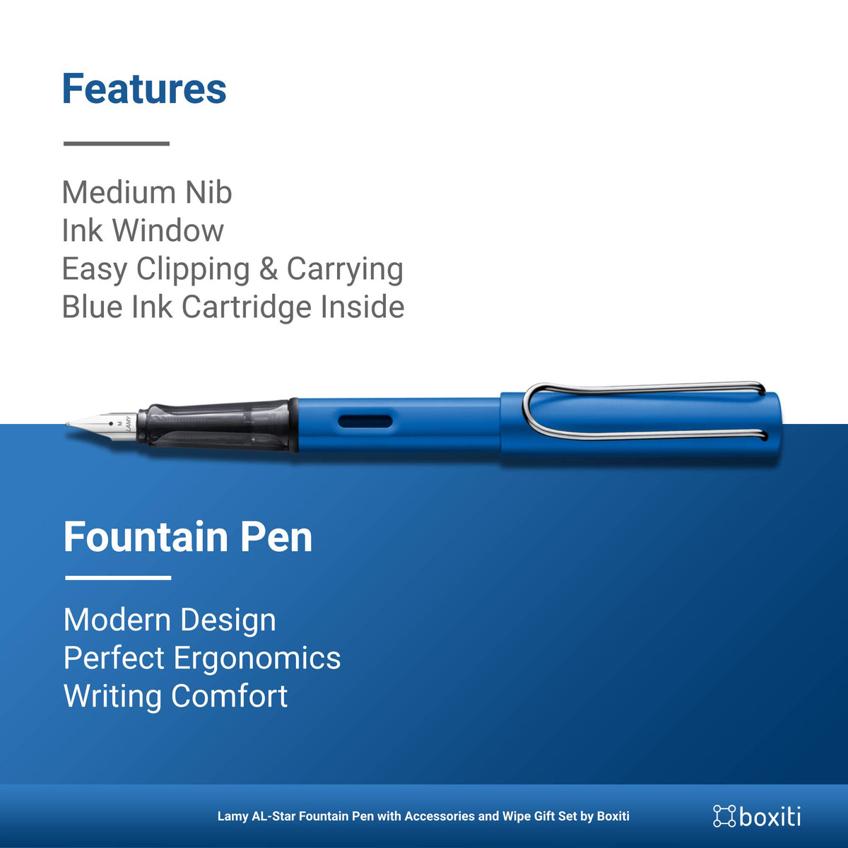 Lamy AL- Star Pen | Ocean Blue | Medium Nib | 5 Black Ink Cartridges, Z28 Converter and Wipe