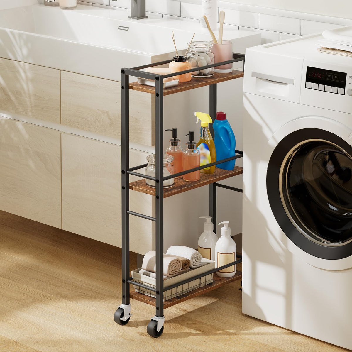 MAHANCRIS Slim Rolling Cart, Mobile Kitchen Cart on Wheels, Narrow Storage Cart for Small Space