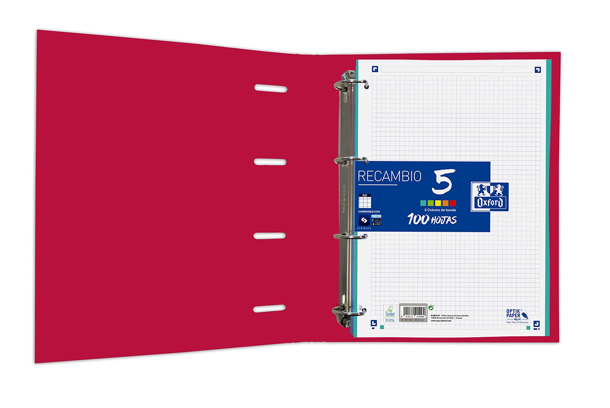 Oxford, 4 Ring Binder A4+ Extra Lid with Rubber. Includes Refill Grid 5 x 5, Red