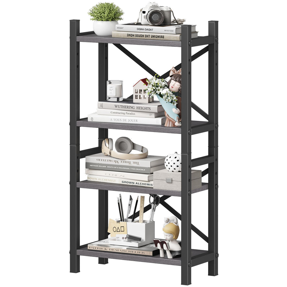 Desktop Bookshelf, 4-Tier Stackable Narrow Bookcase, Adjustable Industrial Desk Organizer & Hutch