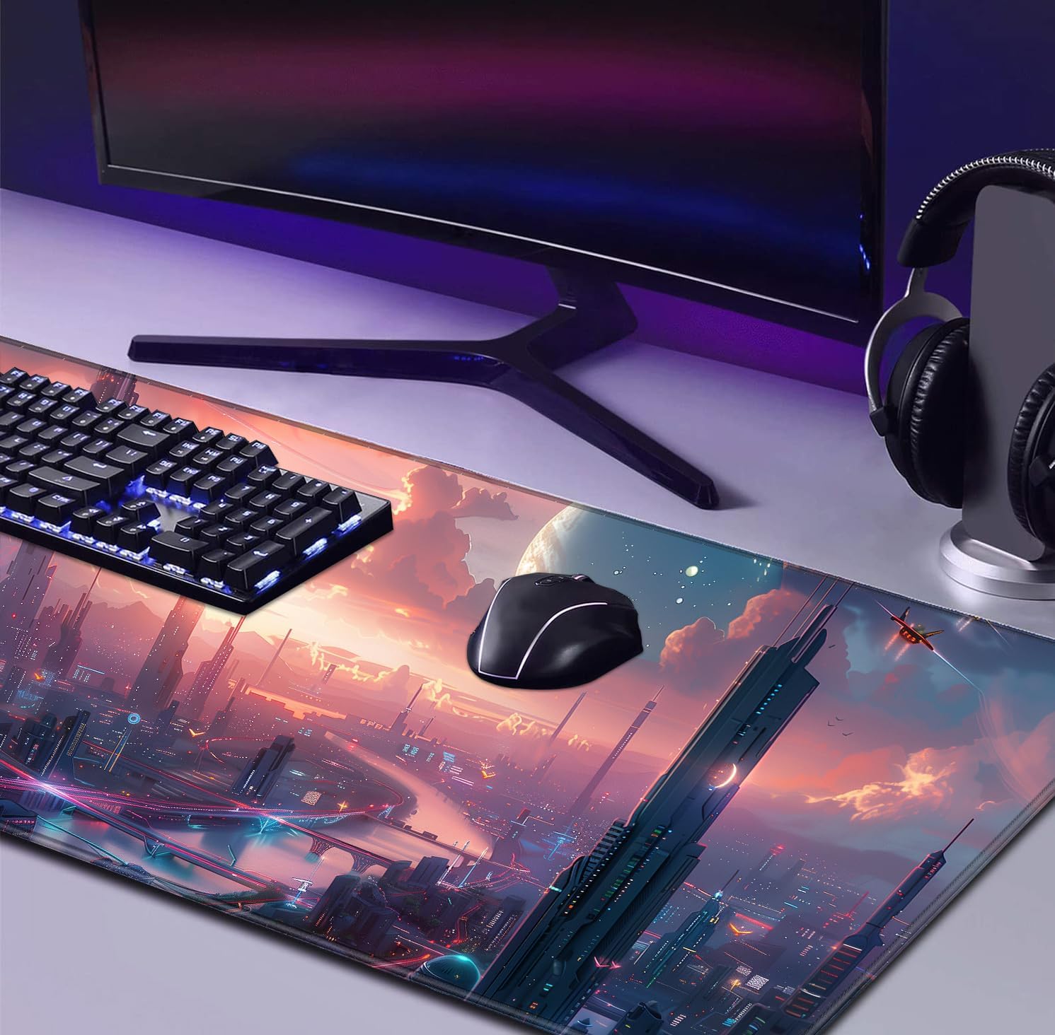 Digital Night Scene Office Art Desk Mat, Female Learning Computer Mouse Mat