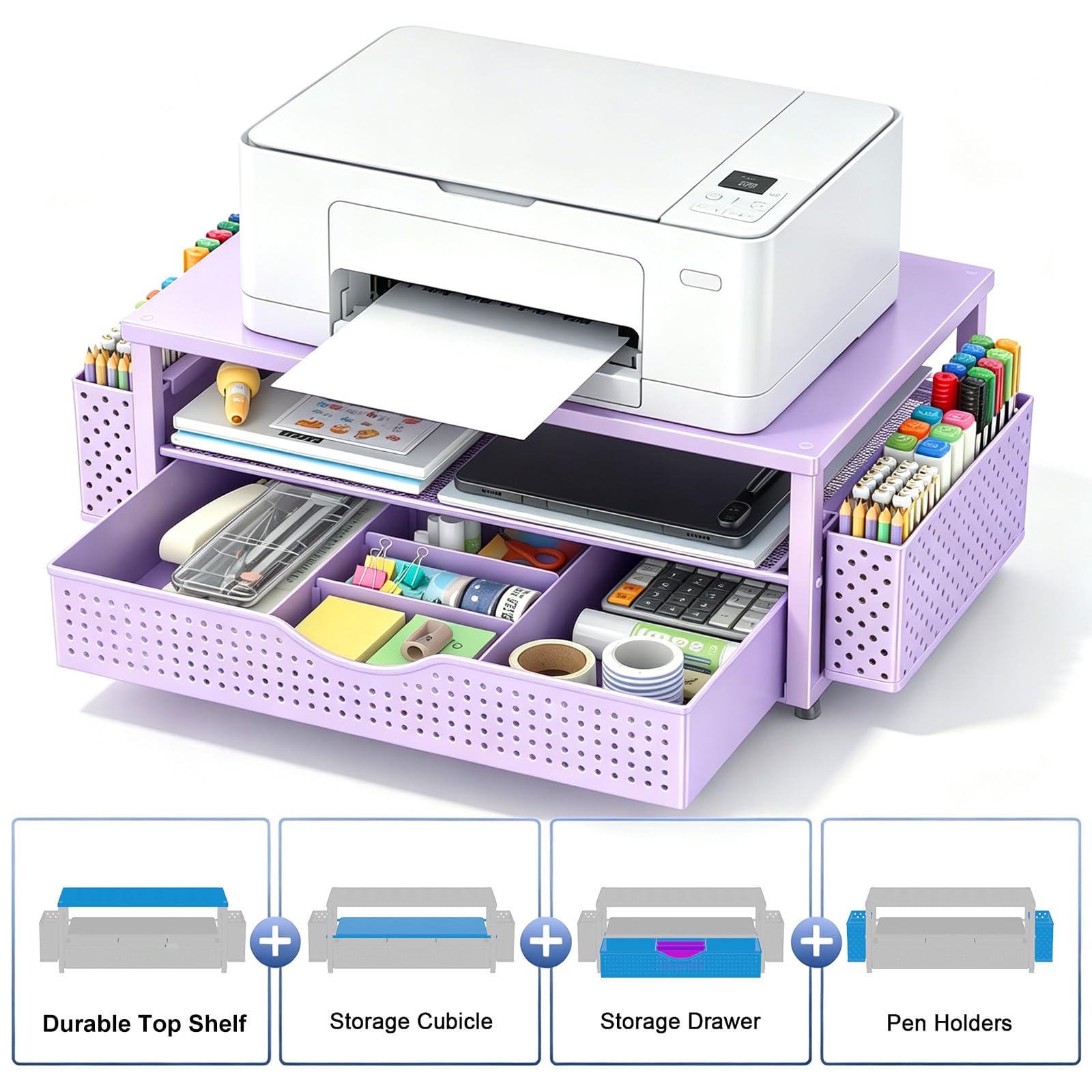Spacrea Desk Organizers and Accessories, Printer Stand with Storage, Purple