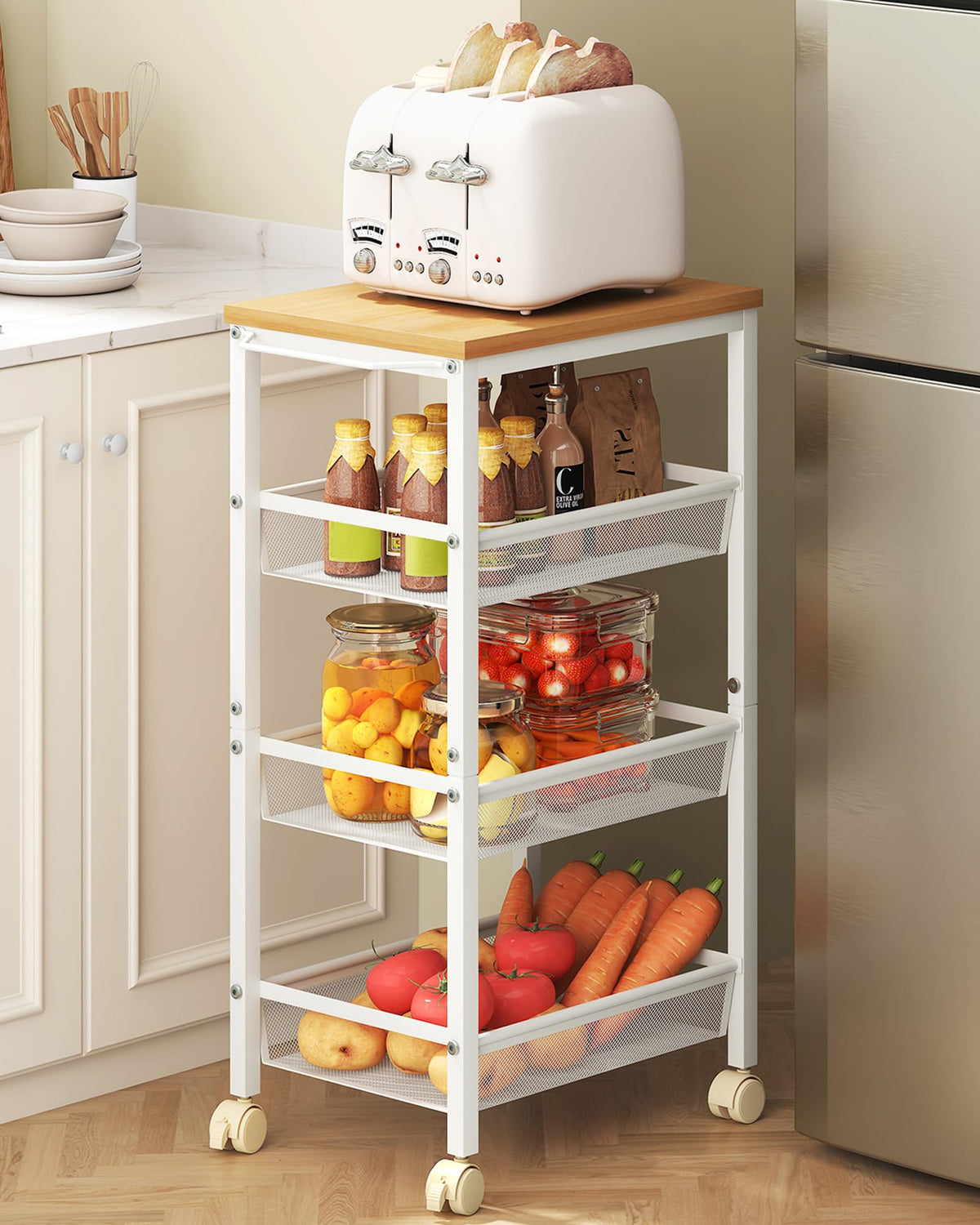 Hoctieon Rolling Storage Cart, 4-Tier 11.8" Wide Rolling Kitchen Storage Cart, Utility Cart with
