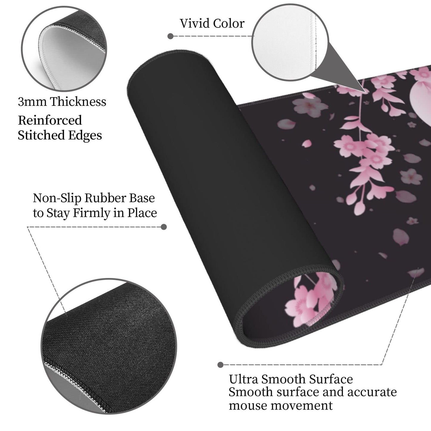 Japanese Cherry Blossom Black Pink XXL XL Large Gaming Mouse Pad for Desk, Non-Slip Long Extended