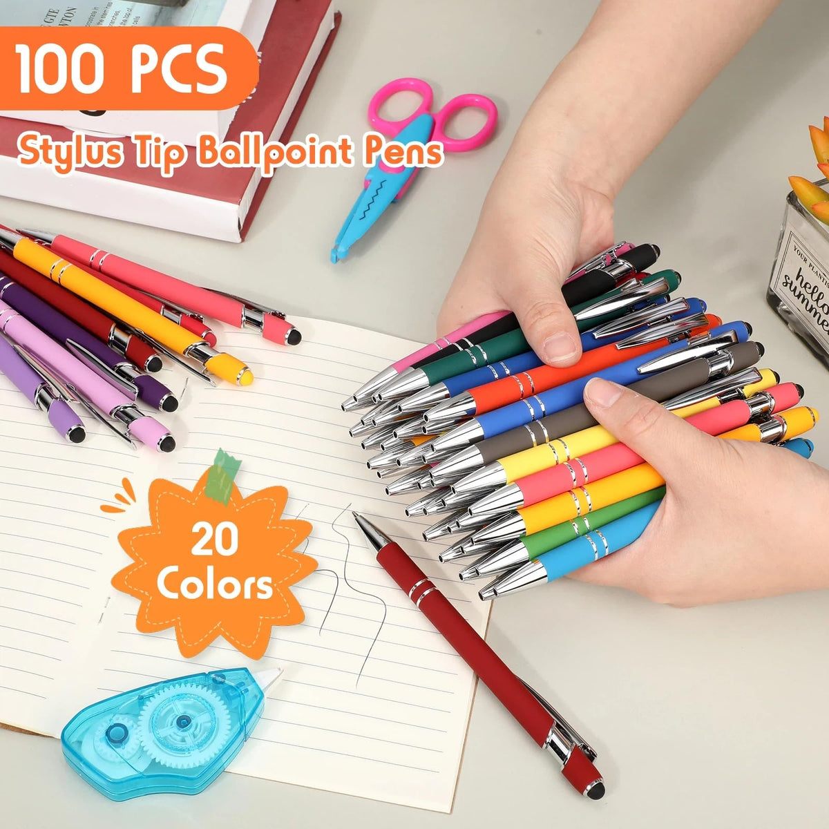 Yeaqee 100 Pieces Ballpoint Pen Bulk with Stylus Tip Click, Assorted Colors
