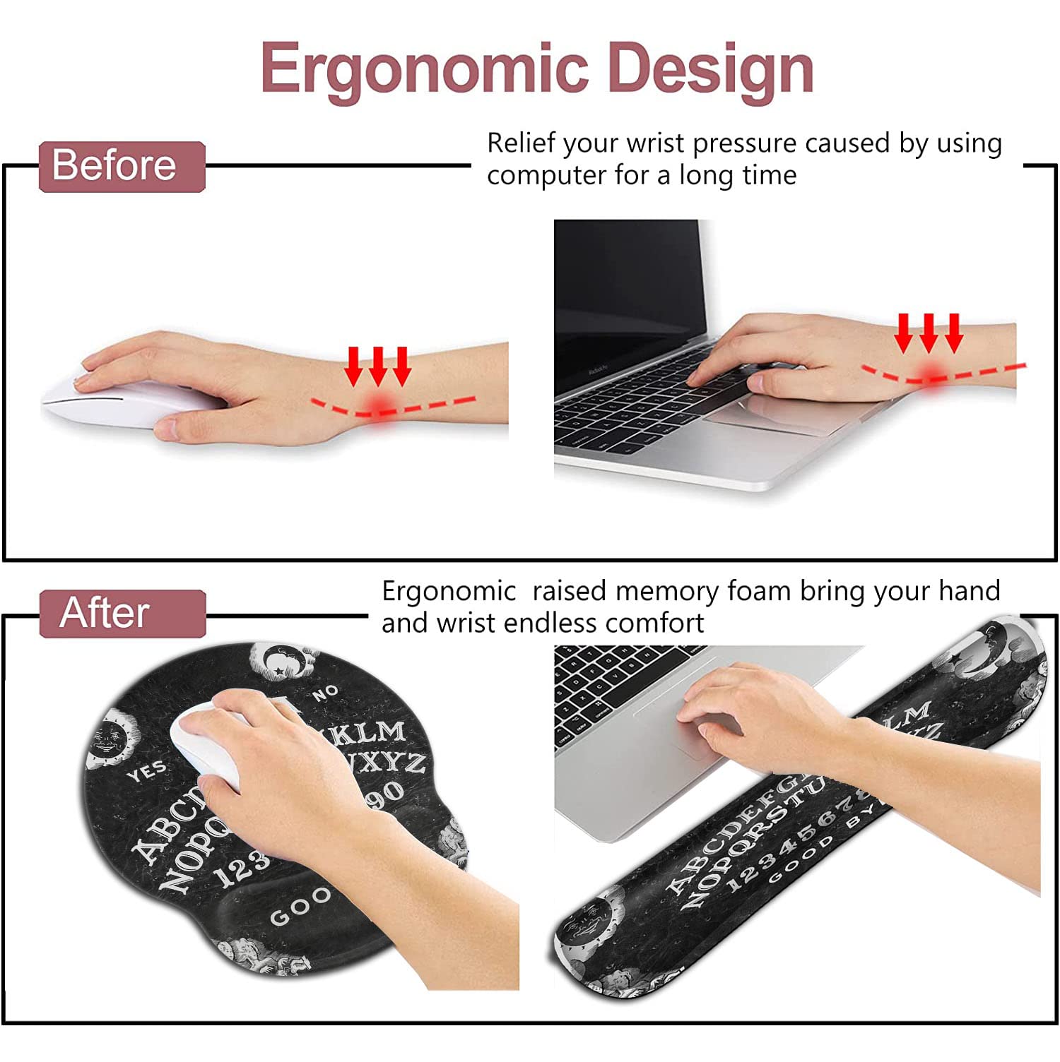 Black Mouse Pad with Stitched Edge, Non-Slip Rubber Base, Ouija Board Witch Pattern, MousePad with