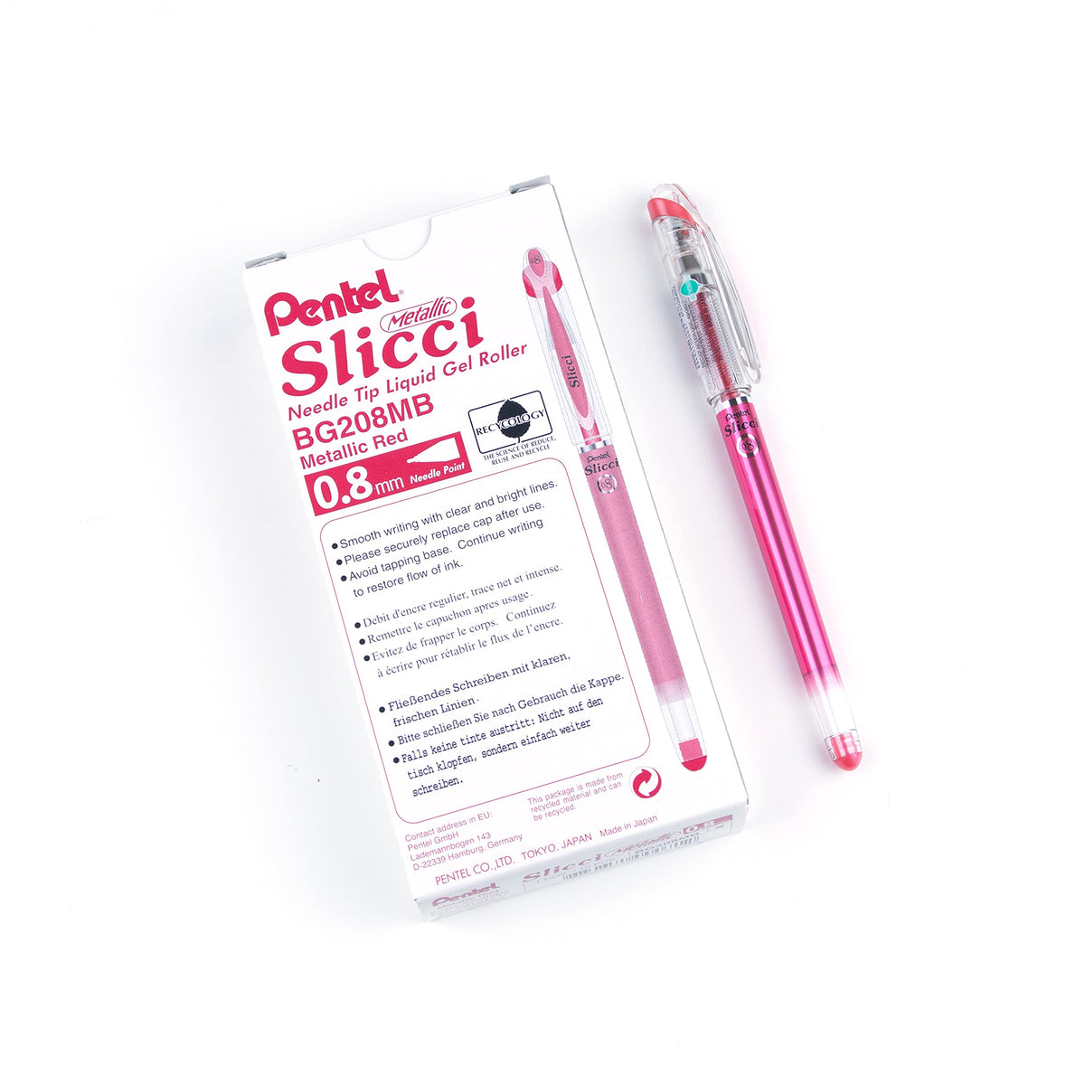 Pentel Arts Slicci Metallic 0.8 mm Needle Tip Gel Pen, Metallic Red Ink, Box of 12 (BG208-MB)