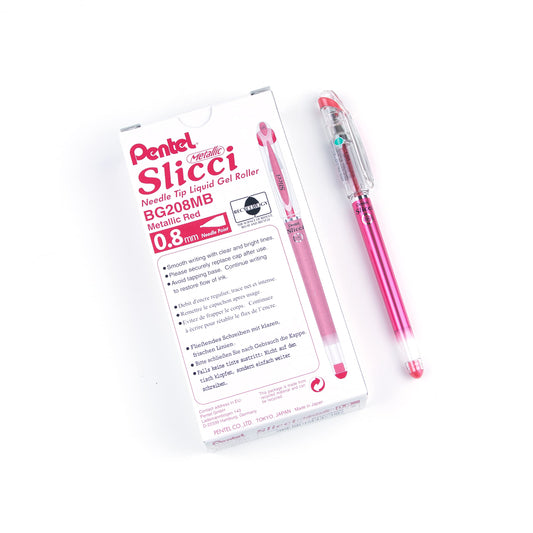 Pentel Arts Slicci Metallic 0.8 mm Needle Tip Gel Pen, Metallic Red Ink, Box of 12 (BG208-MB)