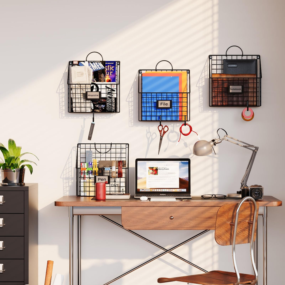 4 Packs Hanging Wall File Organizer with Hooks, Magazine Rack ,Mail Basket