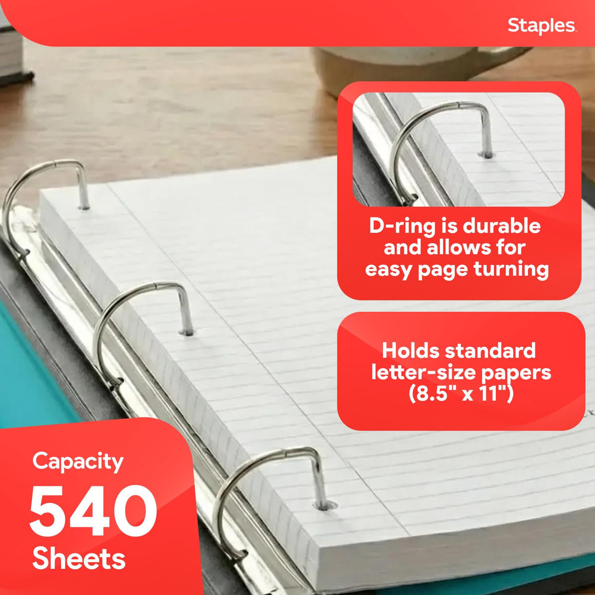 Staples Better Binder, 2-Inch D-Ring View, Teal, Holds 540 Sheets