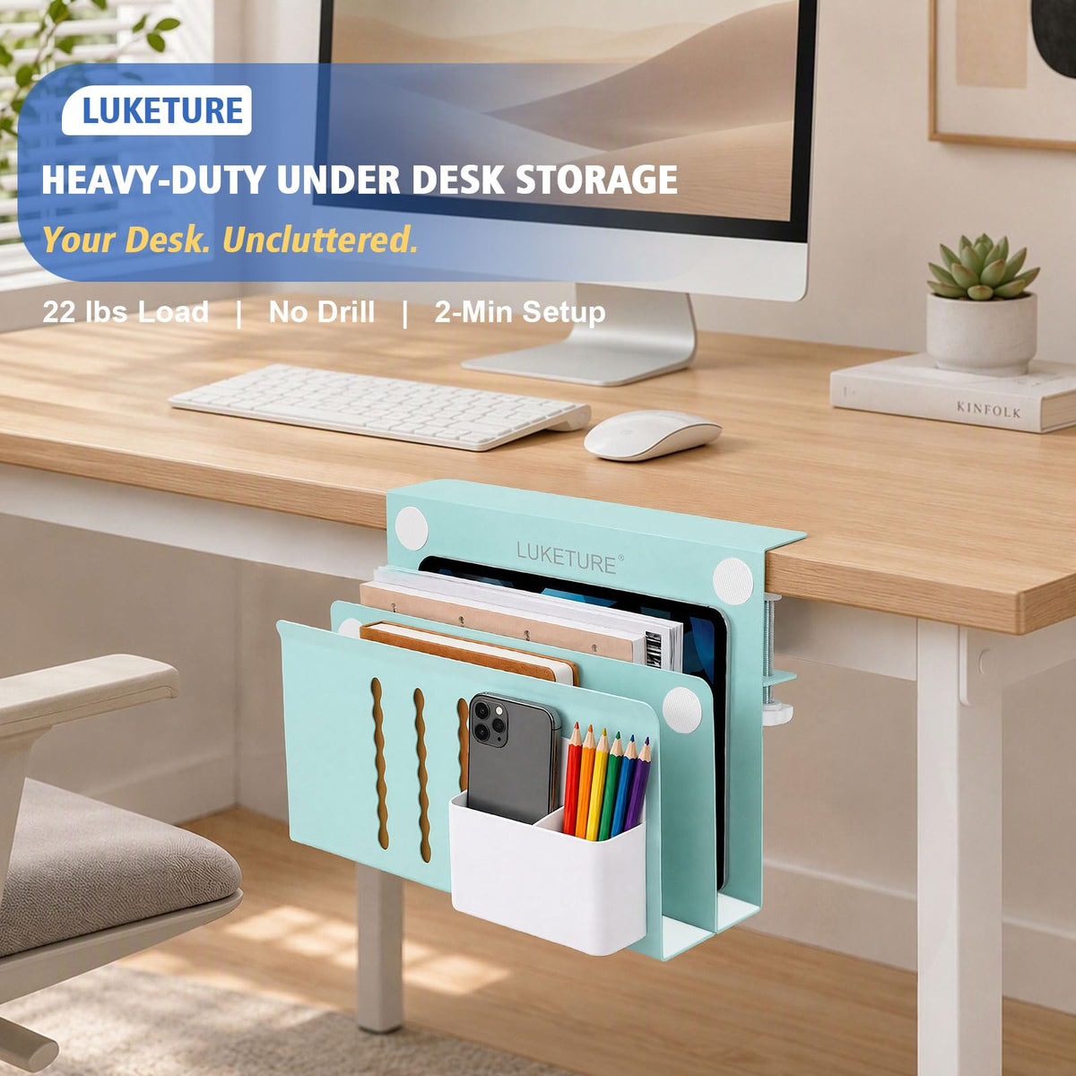 LUKETURE Desk Side Storage, 2 Tie Laptop Holder No Drill Clamp On Organizer