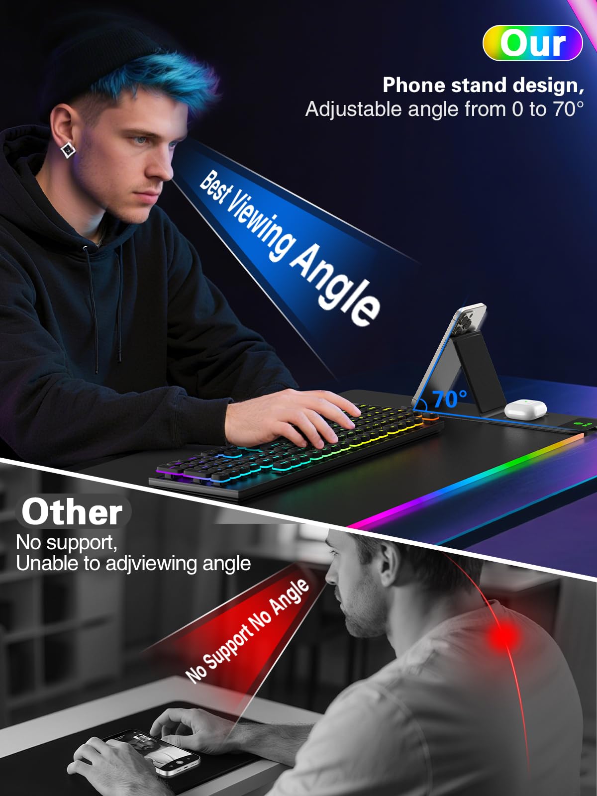 Mouse Pad with Foldable Phone Holder & Wireless Charger, XXL RGB Gaming Mousepad 31.5"x15.8" Large