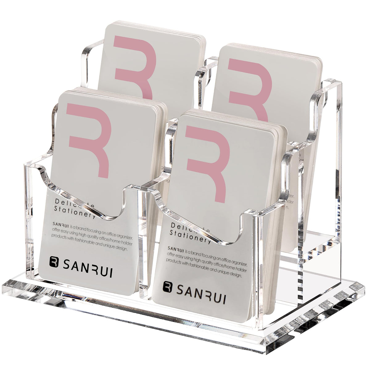 SANRUI Vertical Business Card Holder for Desk，Clear Acrylic Business Card Display Stand，4 Slots 2