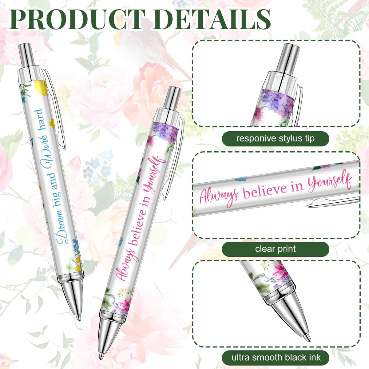 Yeaqee 50 Pcs Motivational Pens Bulk Inspirational Quotes,Flower Style