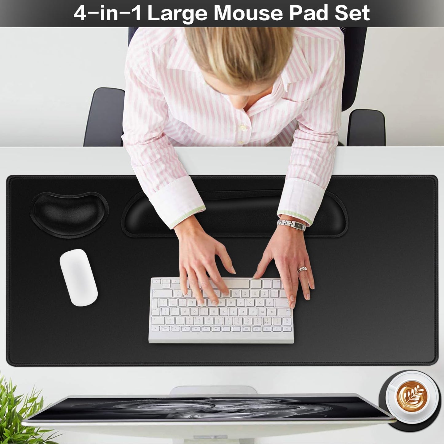 Mouse Pad Black, Mouse Pad with Wrist Rest, 4-in-1 Large Mousepad Keyboard