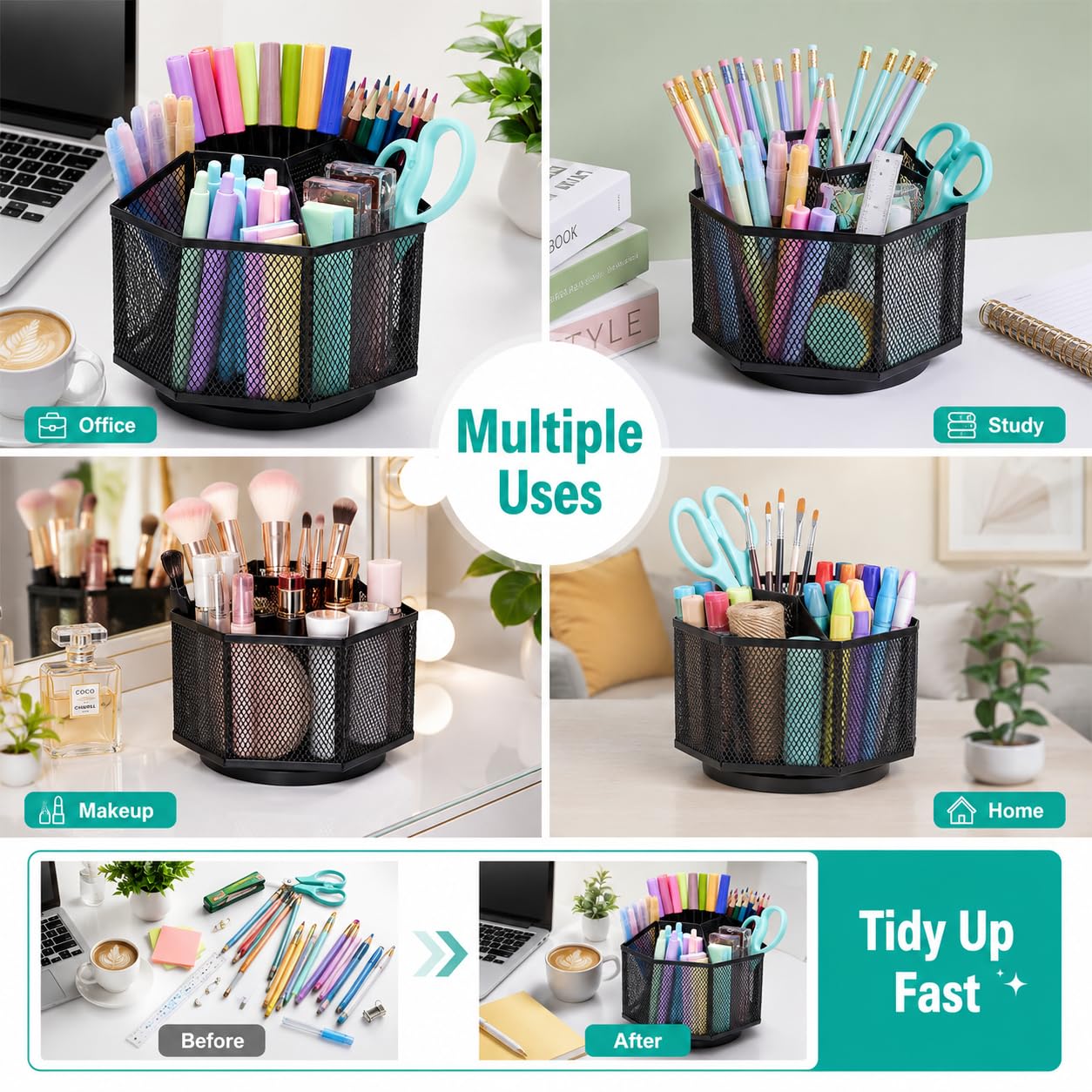 Exerz Desk Organizer 360 Rotating Pen Holder 5 Compartments Caddy Black