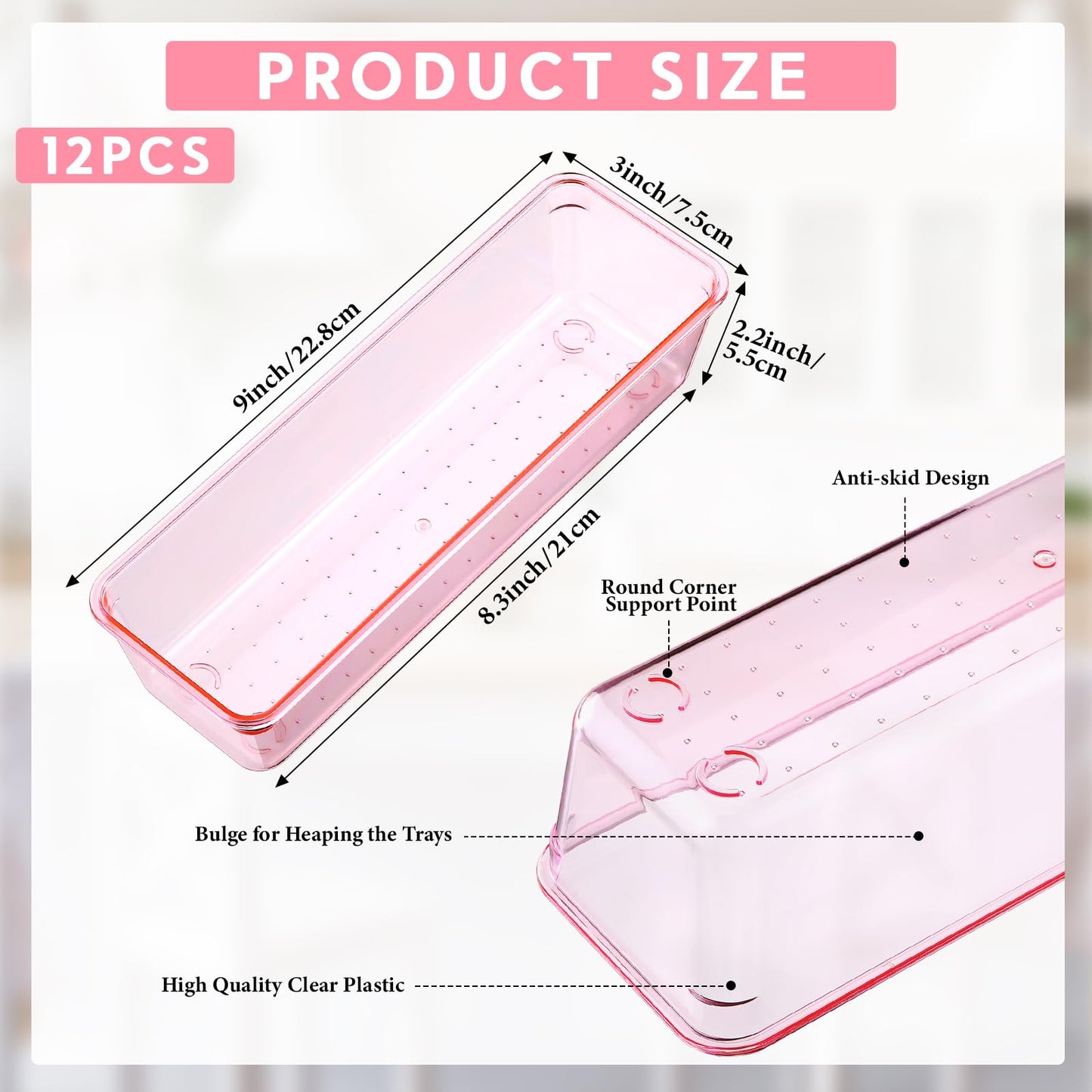 Maitys 12 Pcs Clear Drawer Organizer 9 x 3 x 2 Inches Plastic Rectangle Trays Makeup Vanity Storage