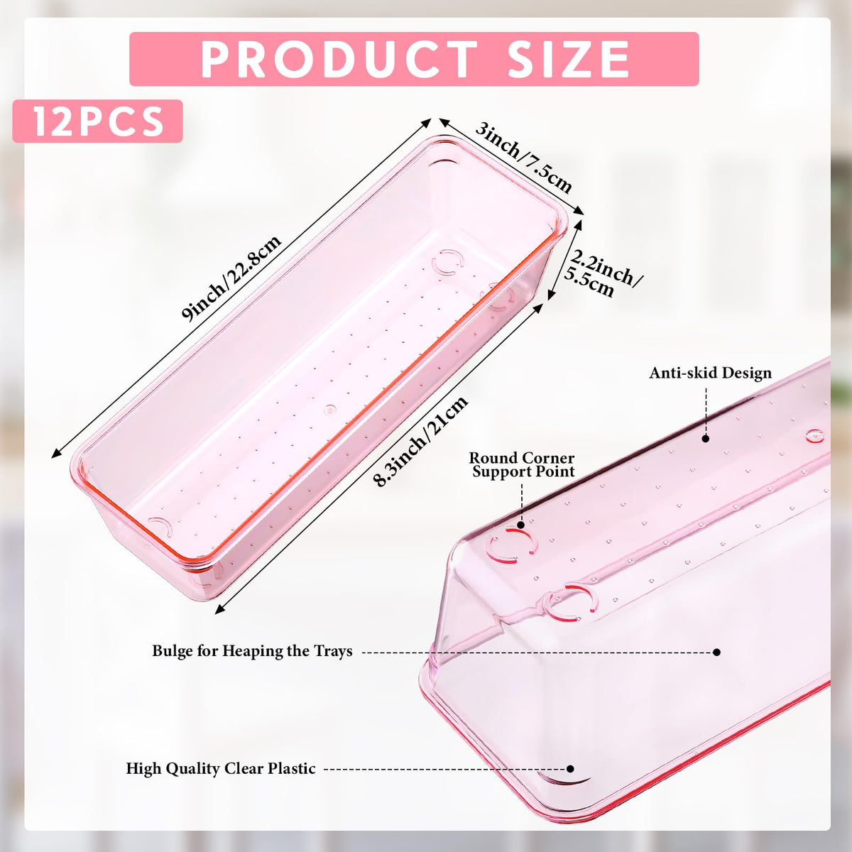 Maitys 12 Pcs Clear Drawer Organizer 9 x 3 x 2 Inches Plastic Rectangle Trays Makeup Vanity Storage