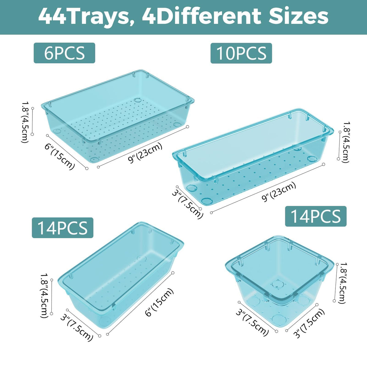 44 PCS Clear Plastic Drawer Organizer Set, 4 Sizes Storage Bins, Sea Blue