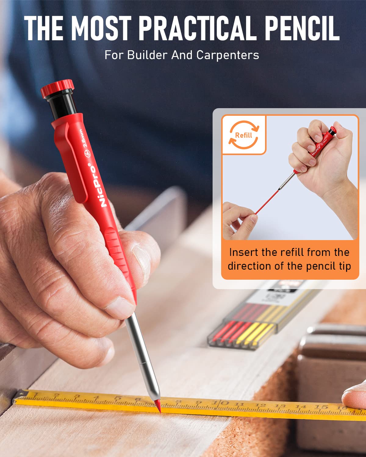 Nicpro CP1000 Carpenter Pencils with Sharpener, 6 Pack