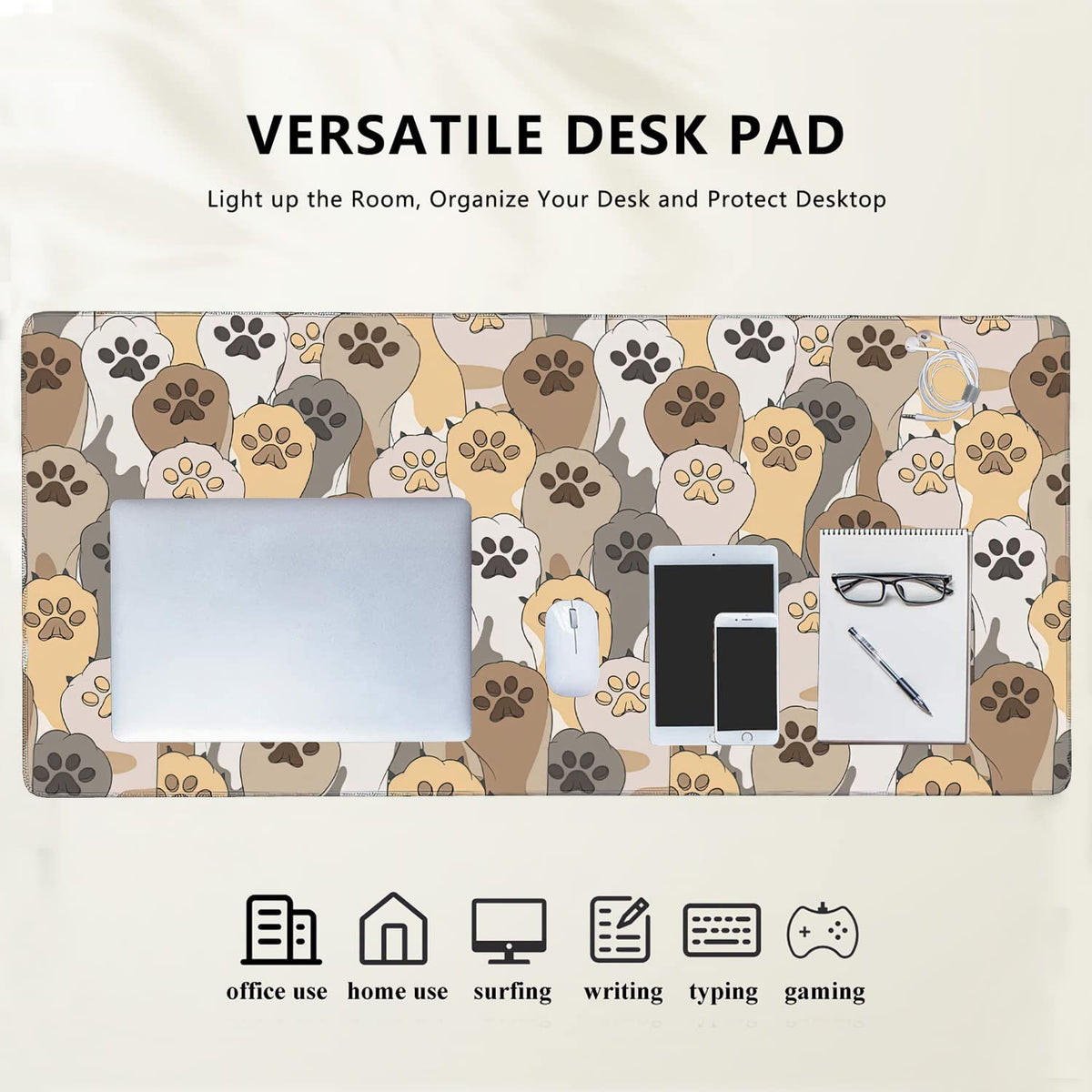 Kawaii Cute Cats Footprint Extended Gaming Mouse Pad Large Desk Mat with Non-Slip Rubber Base and