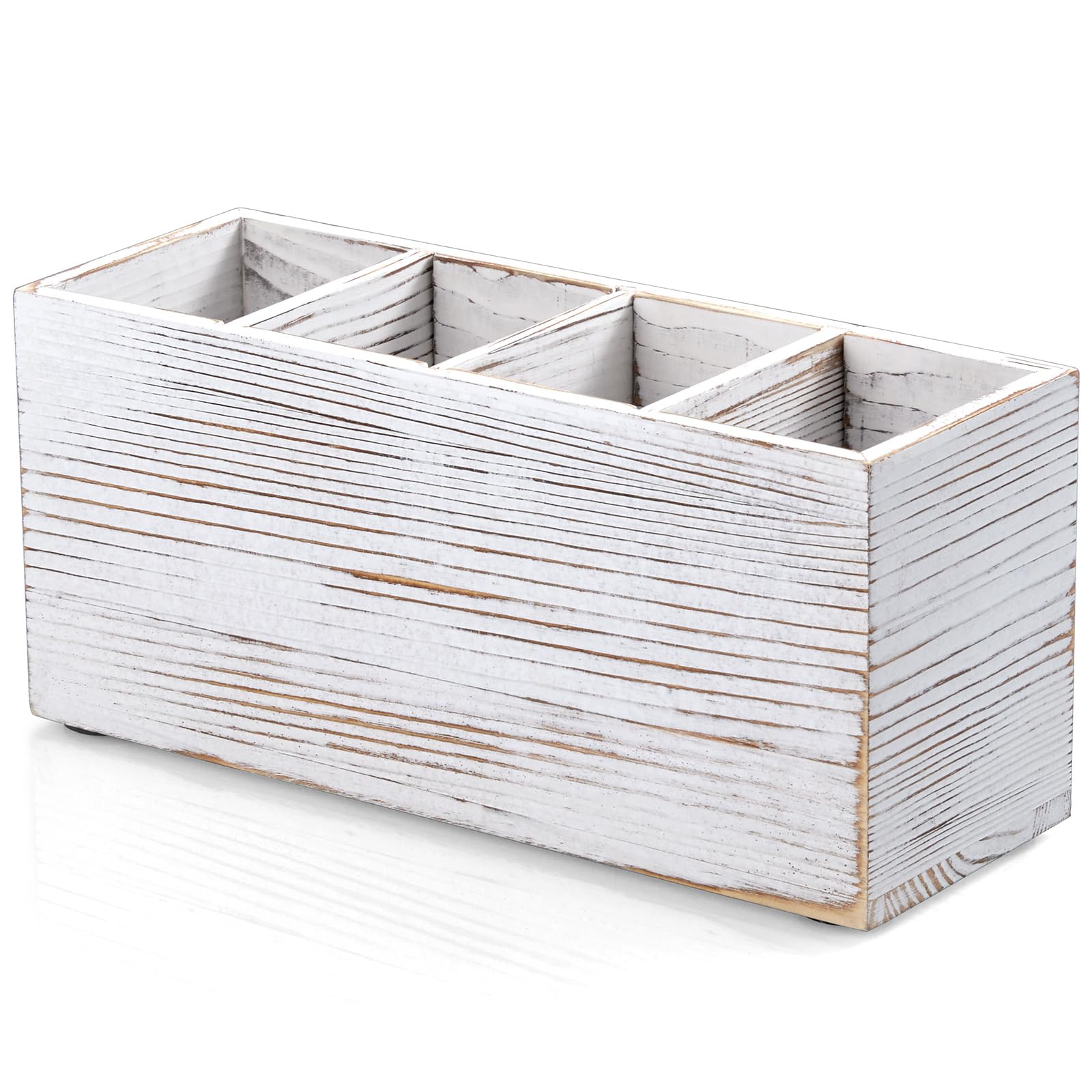 Pencil Pen Holder for Desk, White Washed Wood Office Desk Organizers and Accessories with 4 Slots