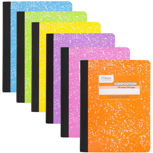 Mead Composition Notebook, College Ruled 7.5" x 9.75" Paper, 100 Sheets, Assorted Colors, 6 Pack