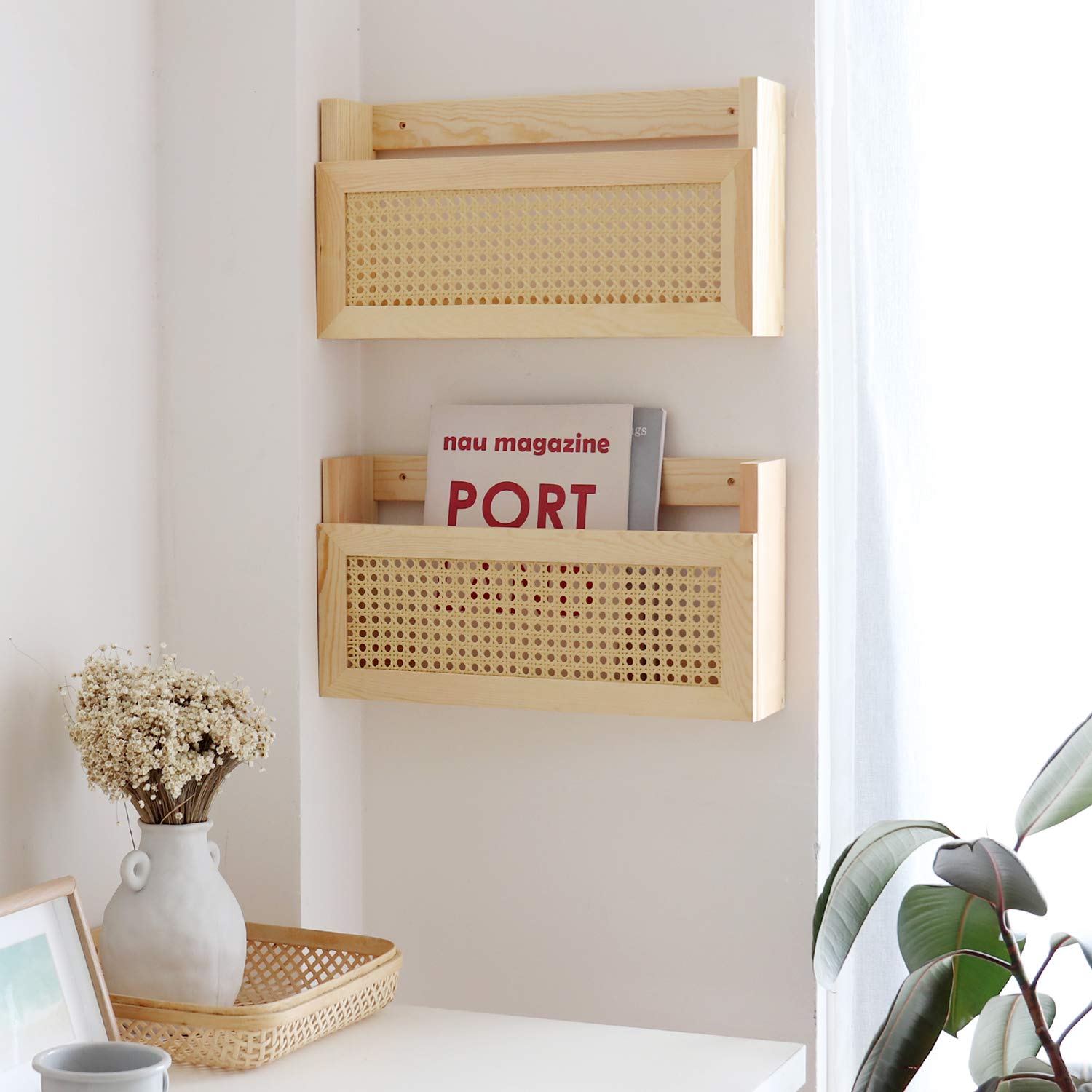 FIRADE Wood Magazine Wall Rack with PE Rattan Grid,Size 17.3" x 4" x 9.4",File Holder For